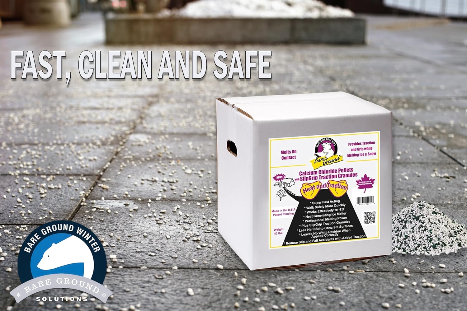 BareGround CCPSG-40 Calcium Chloride IceMelt Pellets with Traction Granules,Fast Acting,Powerful Snow & Ice Melter Works to -25°F,Low Residue,Safe on Concrete,Driveways & Walkways-40lb