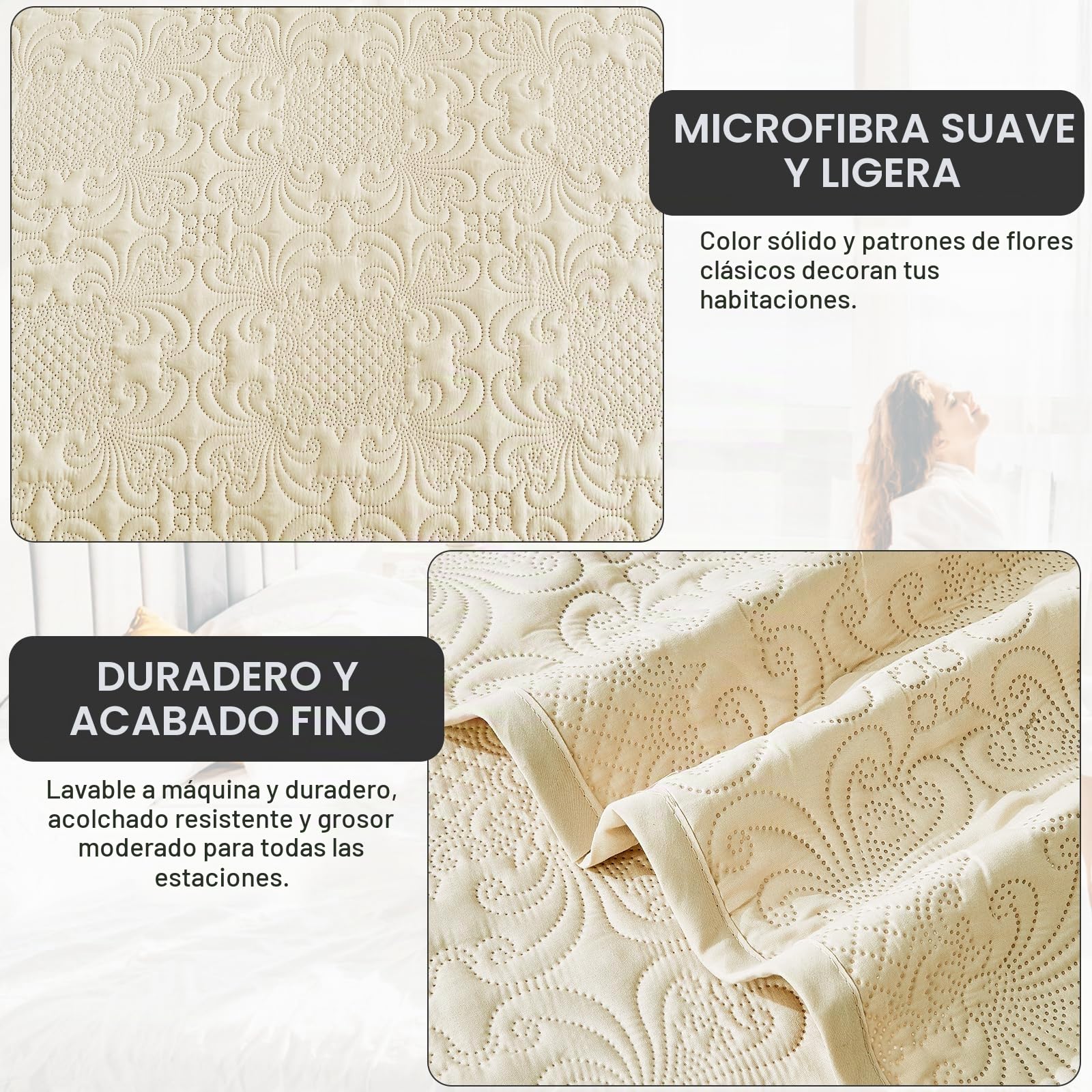 Qucover Colchas Camas 135 Beige, Estampado Vintage de Fores de Poliéster con Tecnología de Acolchado Ultrasónico, Funda de Almohada No Incluida, Beige, 228x243cm