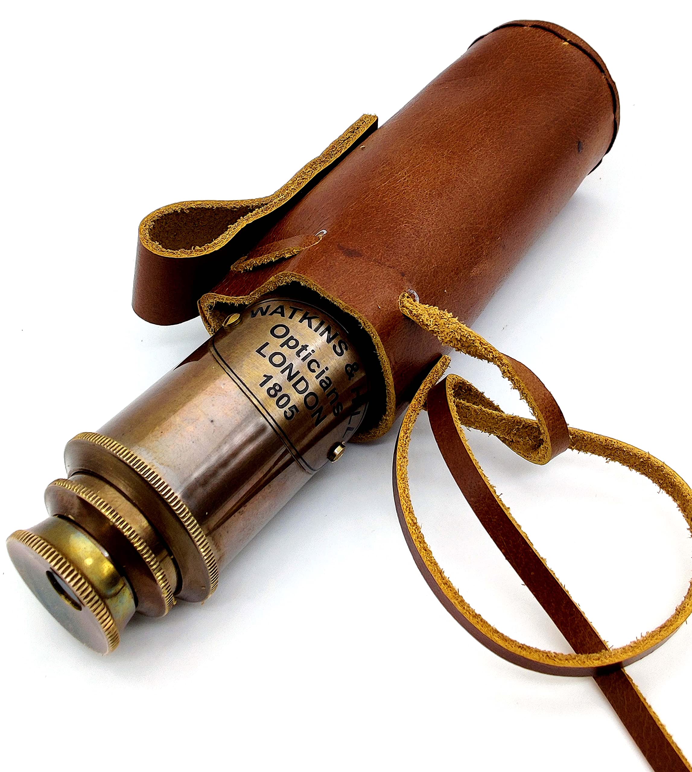 Nautical Brass Spyglass Telescope with Leather case. J. Scott Polish