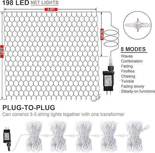 Miniatura 4 de kemooie Luces de red de Navidad para exteriores, 198 luces LED de red de 9.8 pies x 6.6 pies, conectables, 8 modos de parpadeo, luces de malla