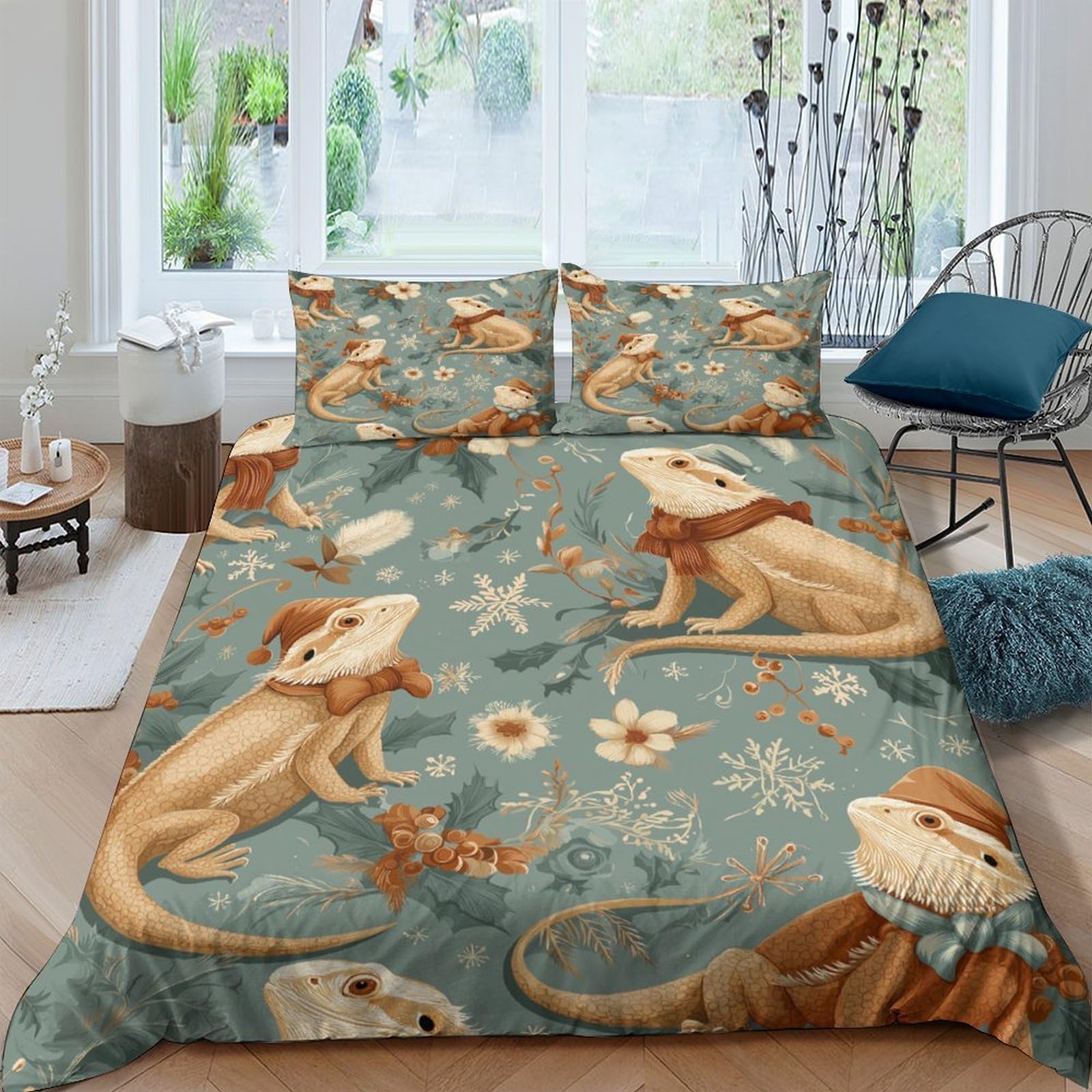 GPLZQXKJNH 3D Printed Vintage Lizard Duvet Cover Microfiber Soft Breathable Floral Bedding Set with 2 Pillowcases for Bedroom Decor Single（135x200cm）