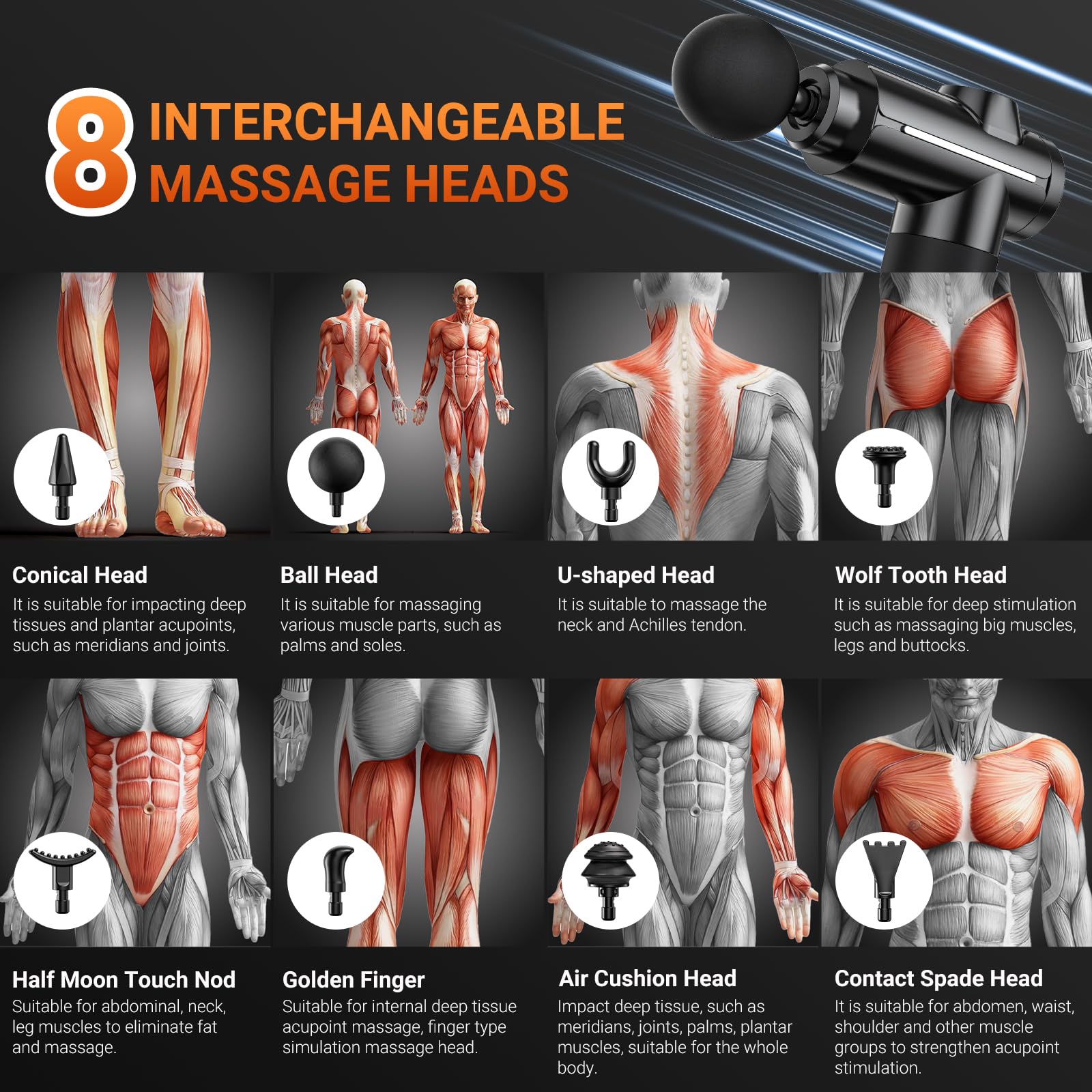 Pistolet de Massage Musculaire, Masseur de Muscle Profonds Massage gun avec 32 Niveaux Réglables, 8 Têtes de Massage Pistolet Massage pour Douleurs Musculaires et Raideurs
