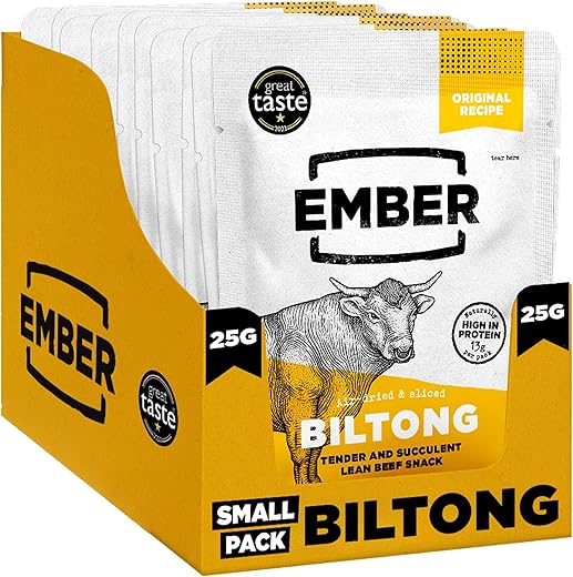 Ember Beef Biltong Original 250 g – Jerky Protein Snack of Dry Meat – Low Fat, No Added Sugar, Keto, No Artificial Dyes or Flavors – 10 Sachets of 25 g
