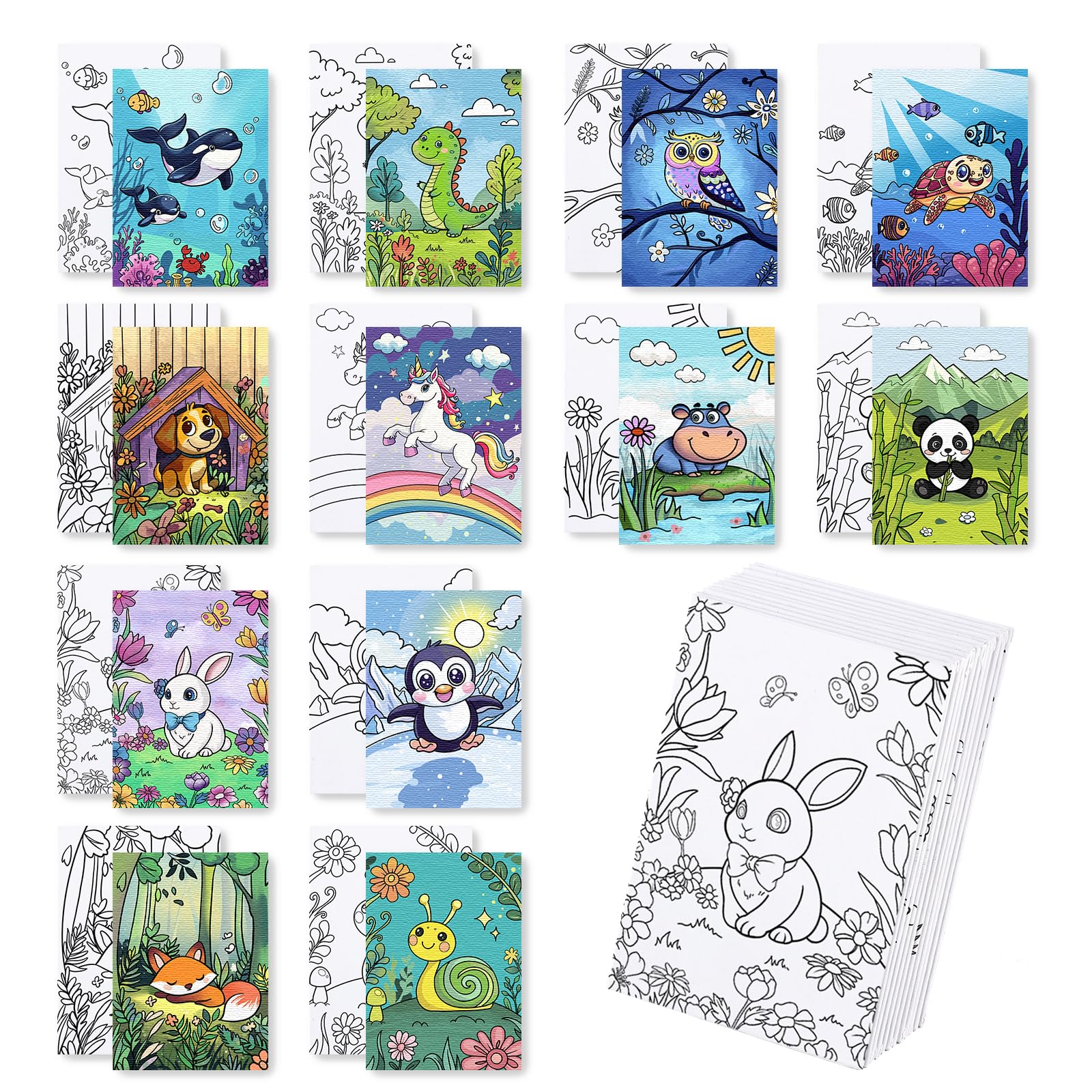 BNG 12 Packs Animal Pre Drawn Canvas to Paint, Animals Pre Printed Canva for Painting, Pre Stretched Canvas Outline Painting Boards for Beginners, Students, Party Favors(5 * 7in)
