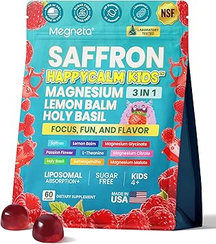 Magnesium Gummies for Kids, Happy Calm & Saffron Gummies Kids, Advanced Focus & Calm Support, Magnesium Glycinate Gummies, Ashwagandha & L-Theanine-Magnesium Glycinate Sugar Free-60 Count
