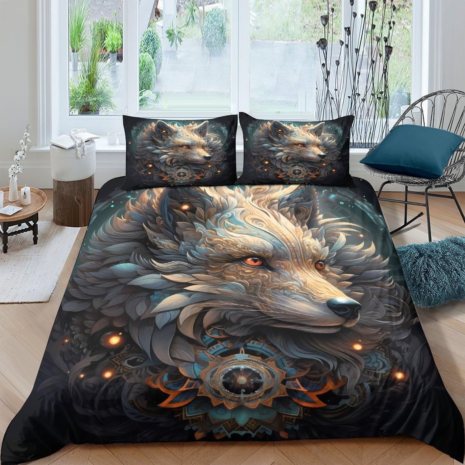 3D Printed Wolf Art Duvet Cover Microfiber Soft Breathable Forest Fantasy Bedding Set with 2 Pillowcases for Bedroom Decor Single（135x200cm）