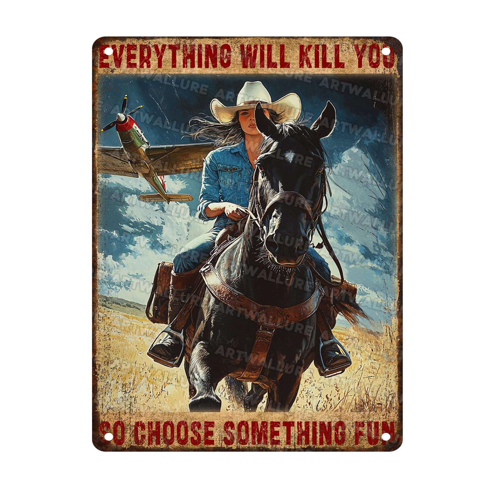 Fun Cowgirl Horse Vintage Metal Tin Sign Rustic Wall Art Retro Western Theme Iron Painting Decor For Ranch Kitchen Bar Cafe Game Room 12x16inch