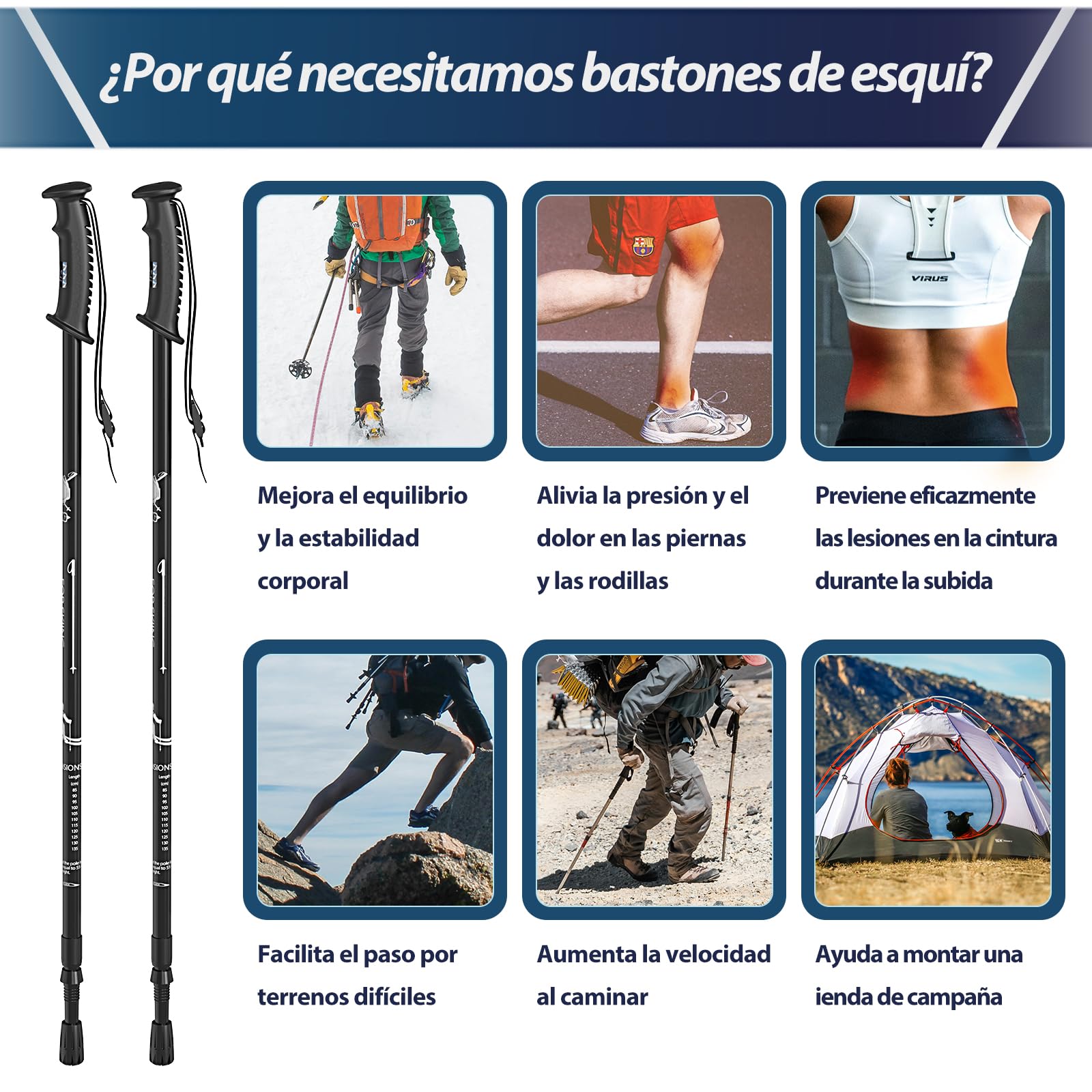 1PZ ES1-TX9 Bastones de esquí Ligeros Telescópicos Ajustables 78cm~135cm Aleación de Aluminio Unisex 2pcs