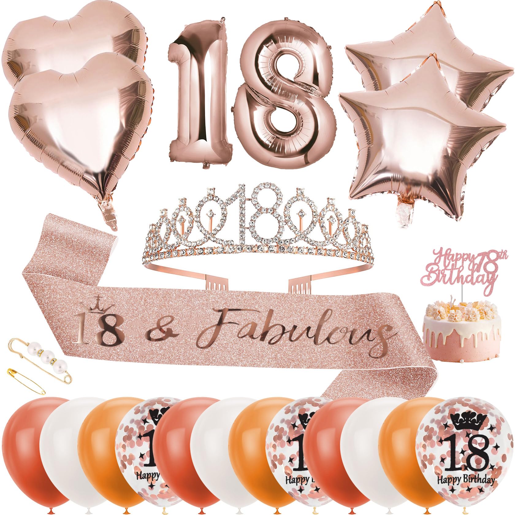 FOONII 18th Birthday Women Decoration, 18th Birthday Gifts Sash and Tiara, 18th Birthday Balloons Cake Decoration for Women Birthday Happy with 12 Rose Gold Balloons