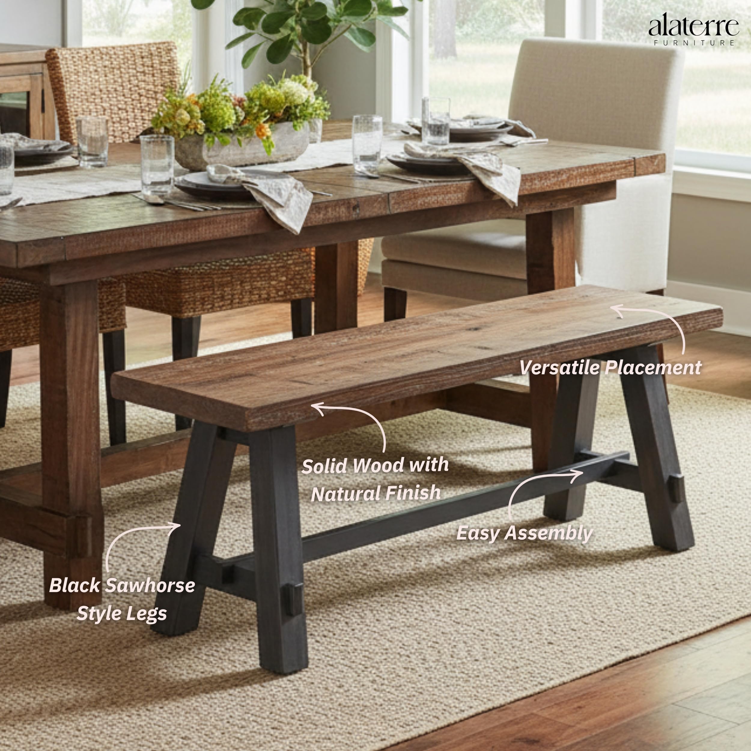 Adam 48-Inch Rustic Industrial Solid Wood Entryway Bench with Distressed Black Sawhorse Legs – Sturdy Accent Seating for Living Room, Mudroom, Dining Room, and Laundry Room by Alaterre Furniture
