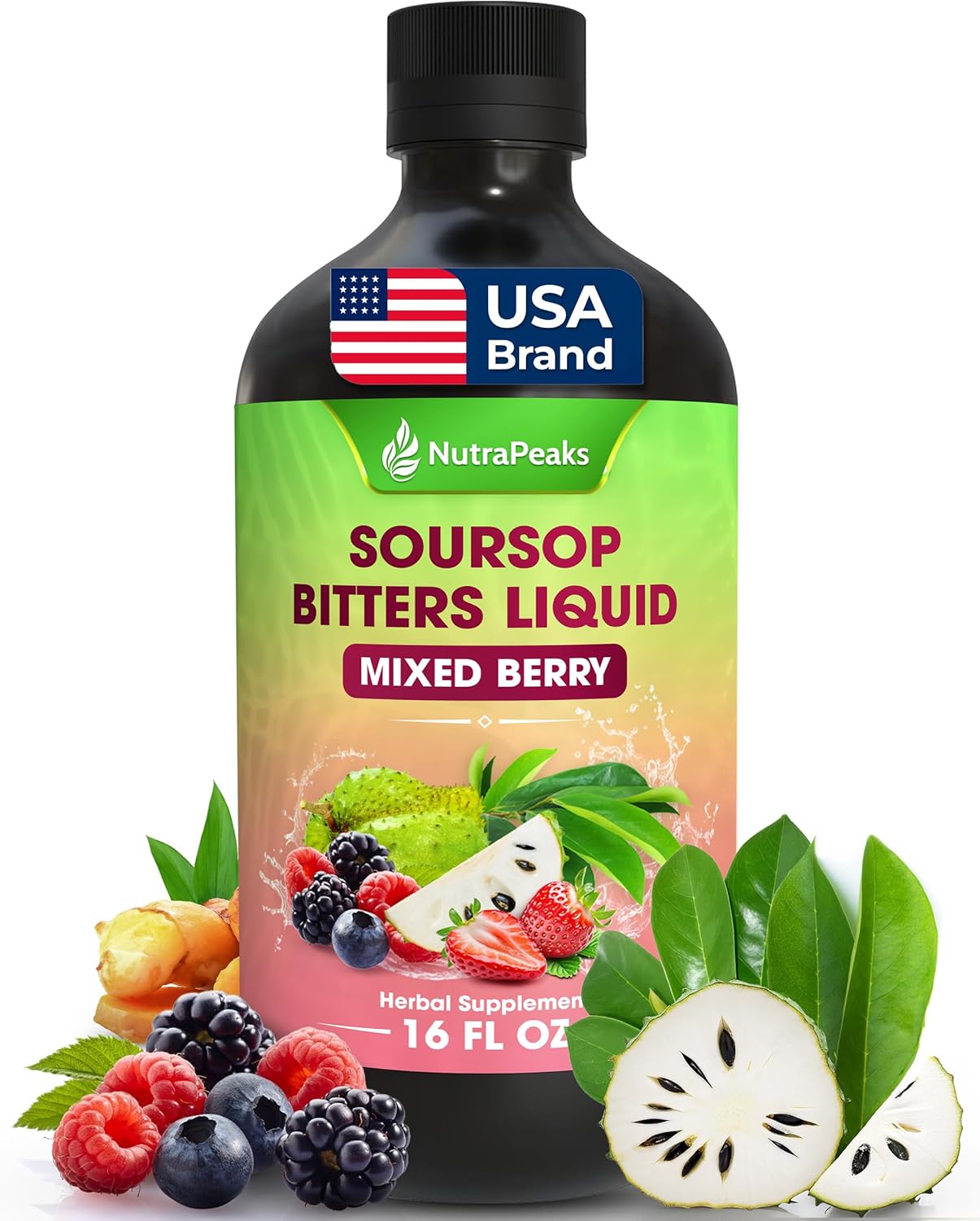 Soursop Bitters Liquid – Herbal Detox Formula with Soursop, Ginger, Turmeric & Black Seed Mixed Berry Flavor – Supports Digestive Balance & Immune Wellness – 16 fl oz