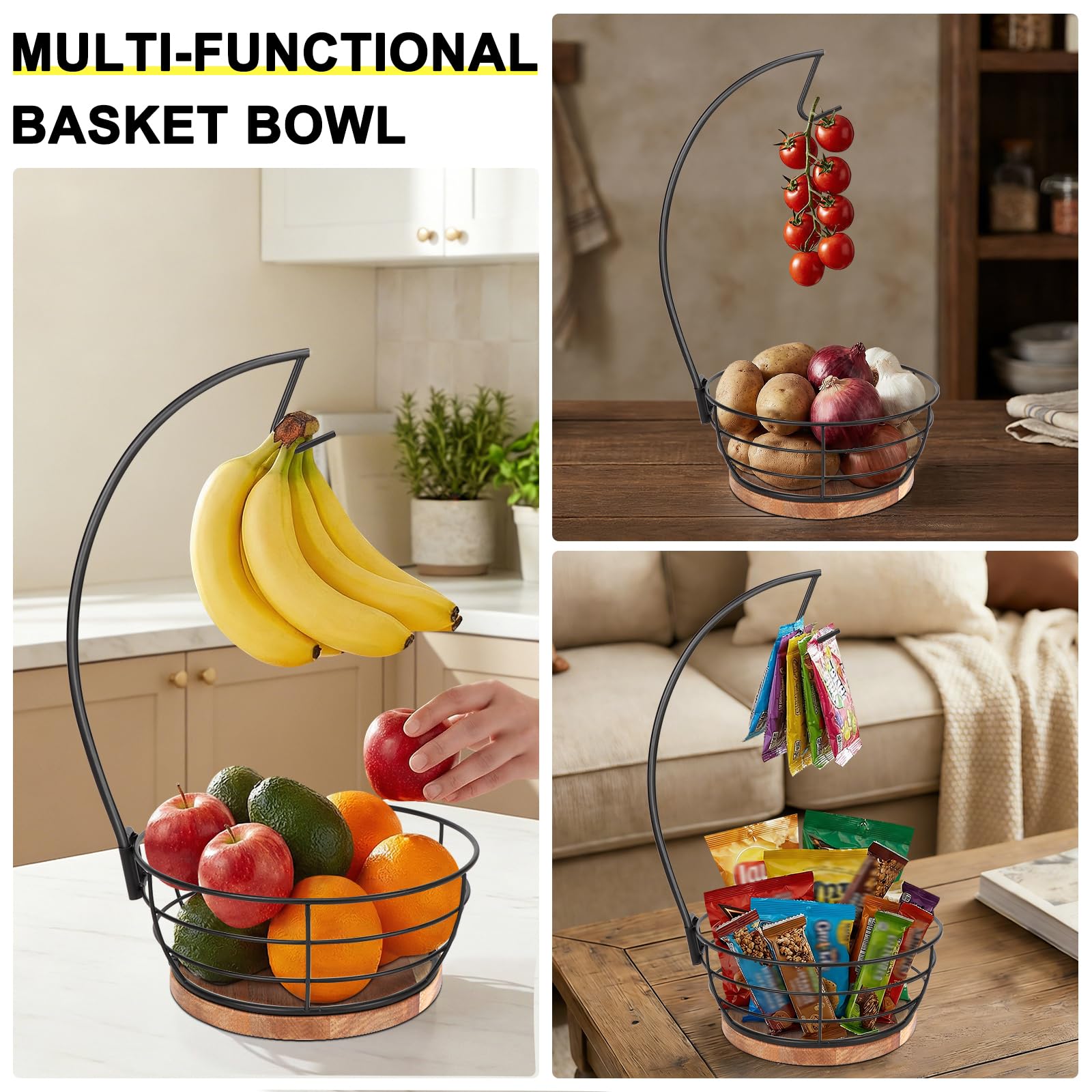 Cesto Frutta A 3 Livelli Con Gancio Per Banane | Porta Frutta E Verdura In Metallo | Organizer Da Cucina Staccabile Con Supporto Per Banana, Colore Nero