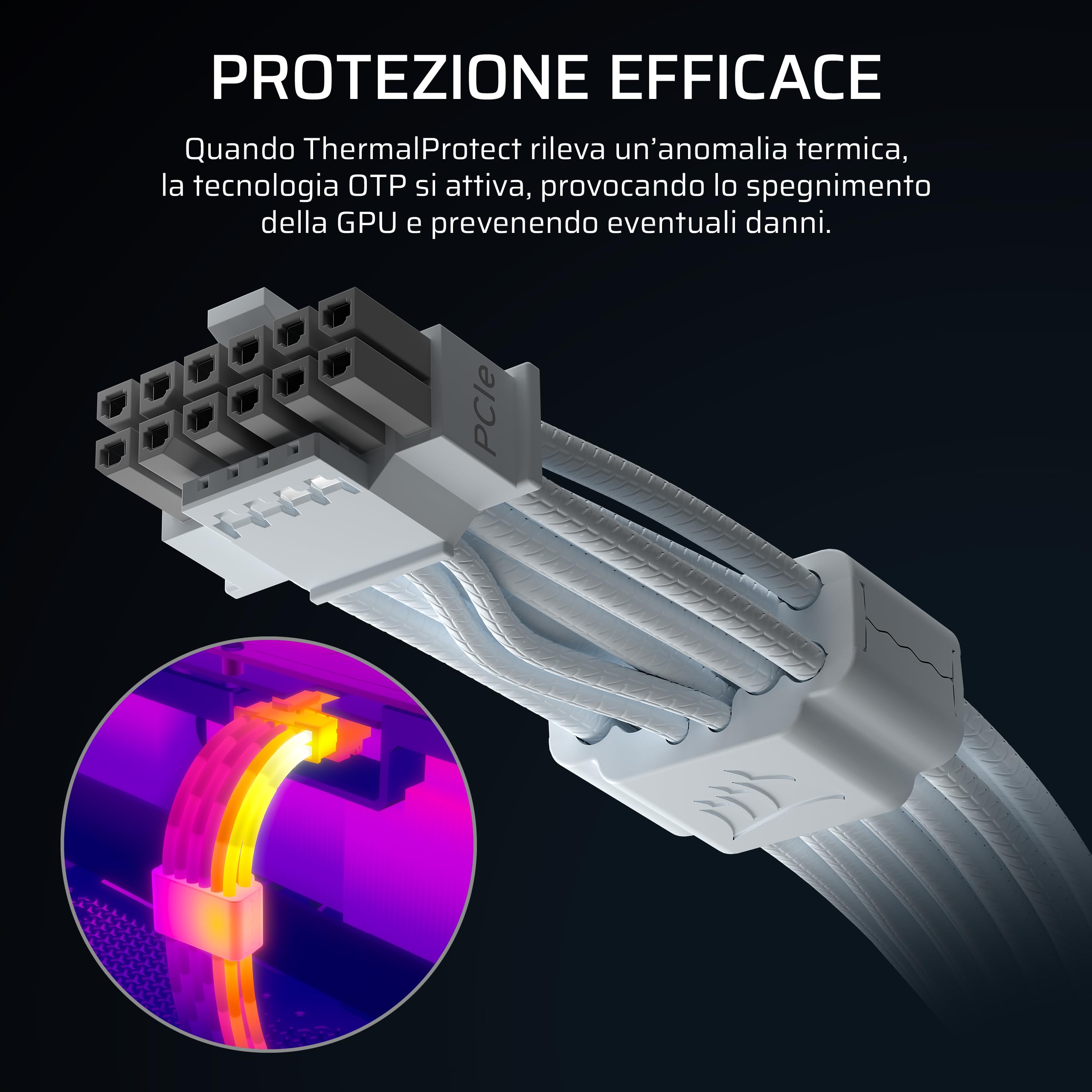 Corsair ThermalProtect PCIe 5.1 600W 12V-2x6 Cavo – Bianco | Protezione da sovratemperatura (OTP) integrata, Compatibile con alimentatori dotati di connessione 12V-2x6