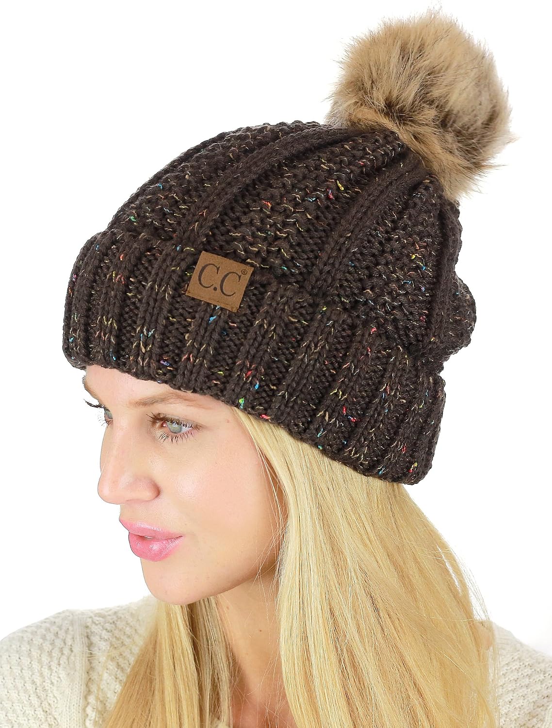 C.C Thick Cable Knit Faux Fuzzy Fur Pom Fleece Lined Skull Cap Cuff Beanie