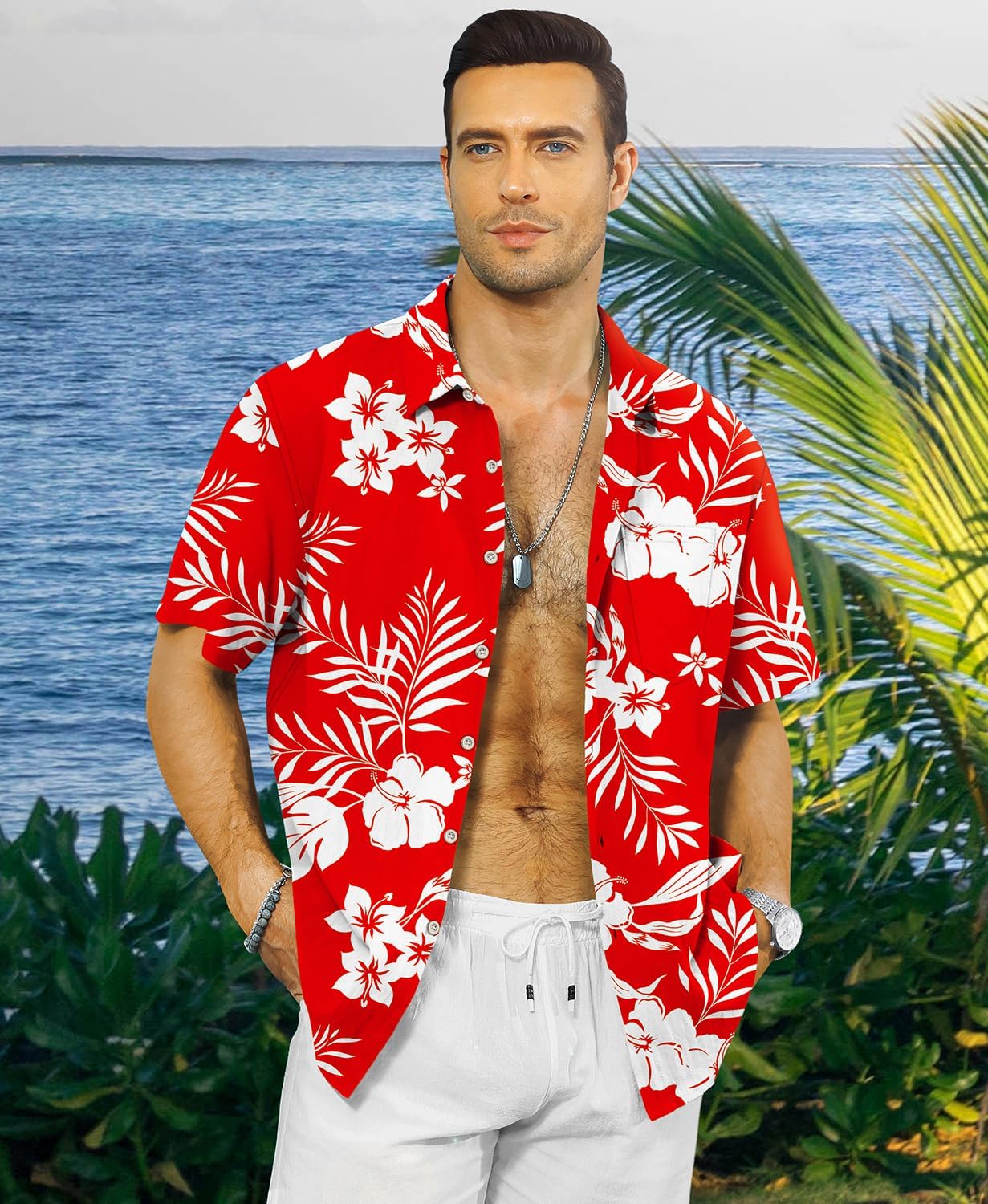 KYKU Men's Hawaiian Shirt Short Sleeve - Tropical Summer Beach Button Down Shirt with Pocket - Image 2
