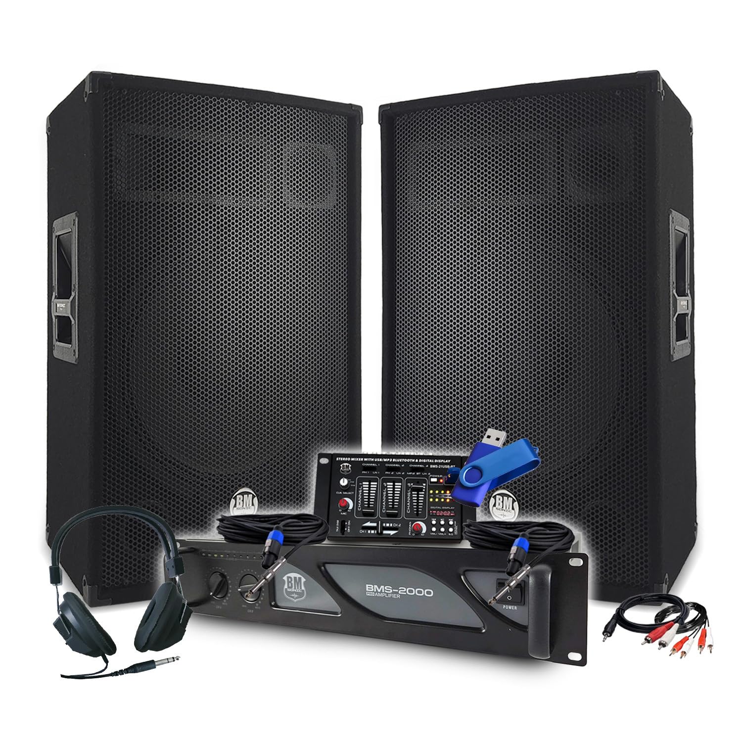 Pack Sono DJ BM Bmsonic Amplificateur 2000W, Enceintes Passives 2x700W, Table de Mixage, Casque DJ, Câbles et Micro+Clé 32G