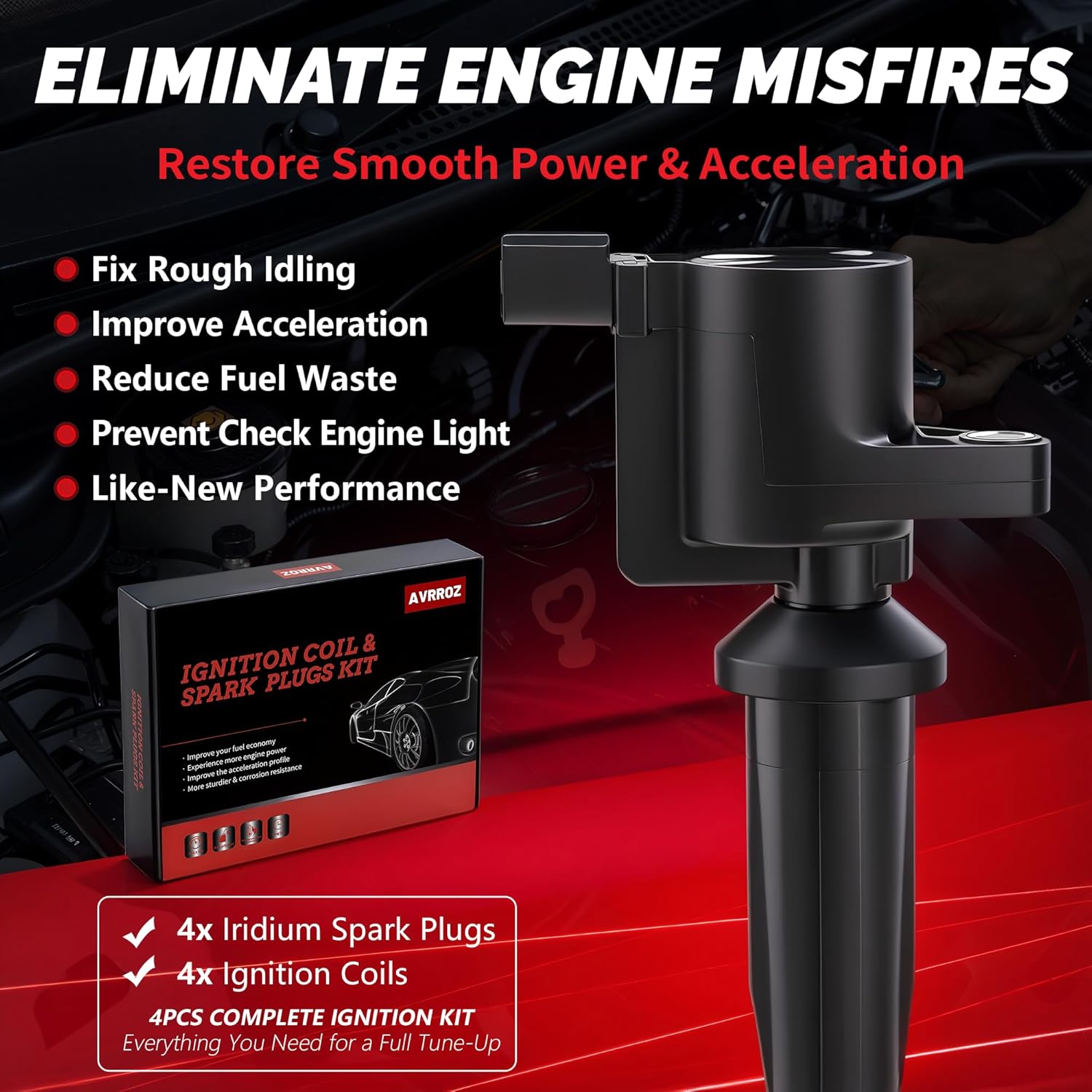 UF621 Ignition Coil Pack and Iridium Spark Plugs Set of 4, Compatible with Ford Fusion 2010-2020 2.0L/2.5L, Escape 2009-2019 2.0L/2.5L, Transit Connect, Replaces 9E5Z12029A, C1658, GN10507