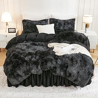 Andency Faux Fur Tie-Dyed Black Grey Comforter for Queen Size Bed, 3 Pie...