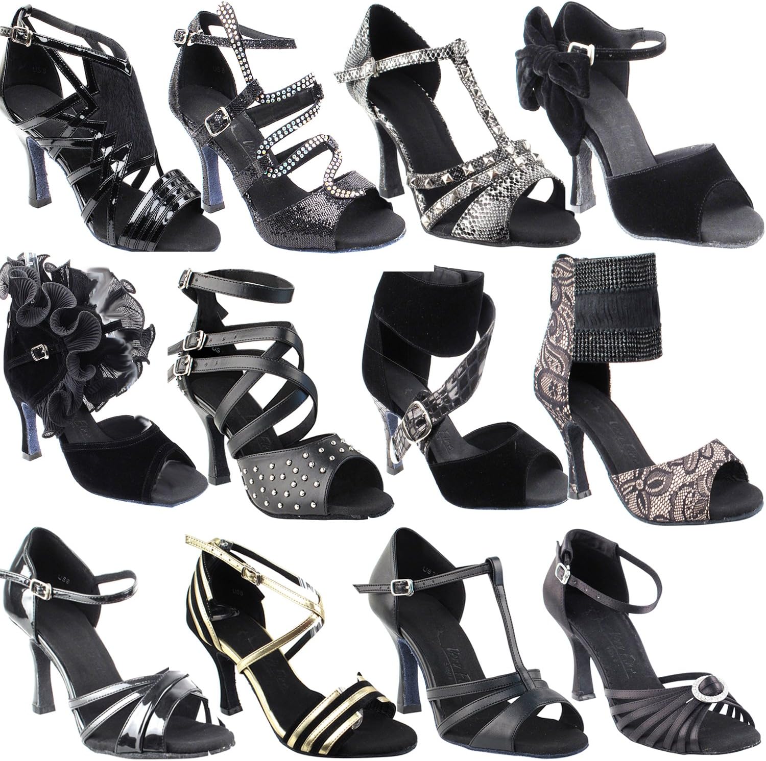 gold pigeon shoesBlack Ballroom Latin Dance Shoes for Women: 2829LEDSS, Black Satin & Black Trim, 3.5" Stiletto Black Plated Heel, Size 9 1/2