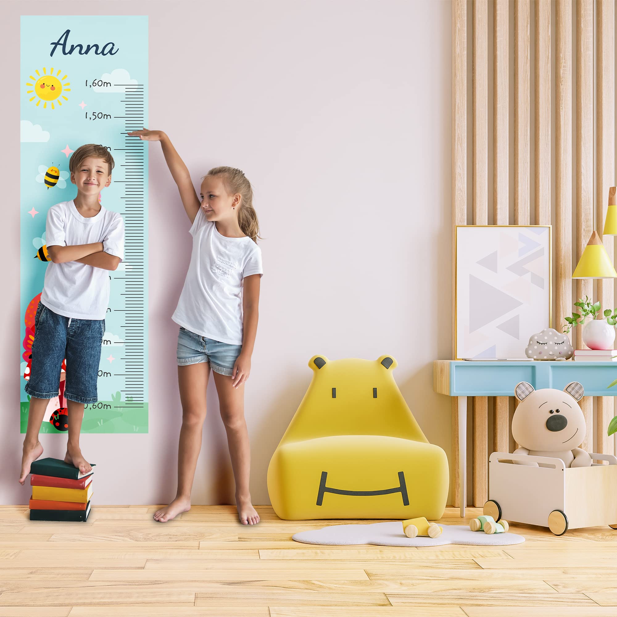 Toise - Adhesivo de pared personalizado para habitación infantil, diseño de hongos y abejas, 130 cm.