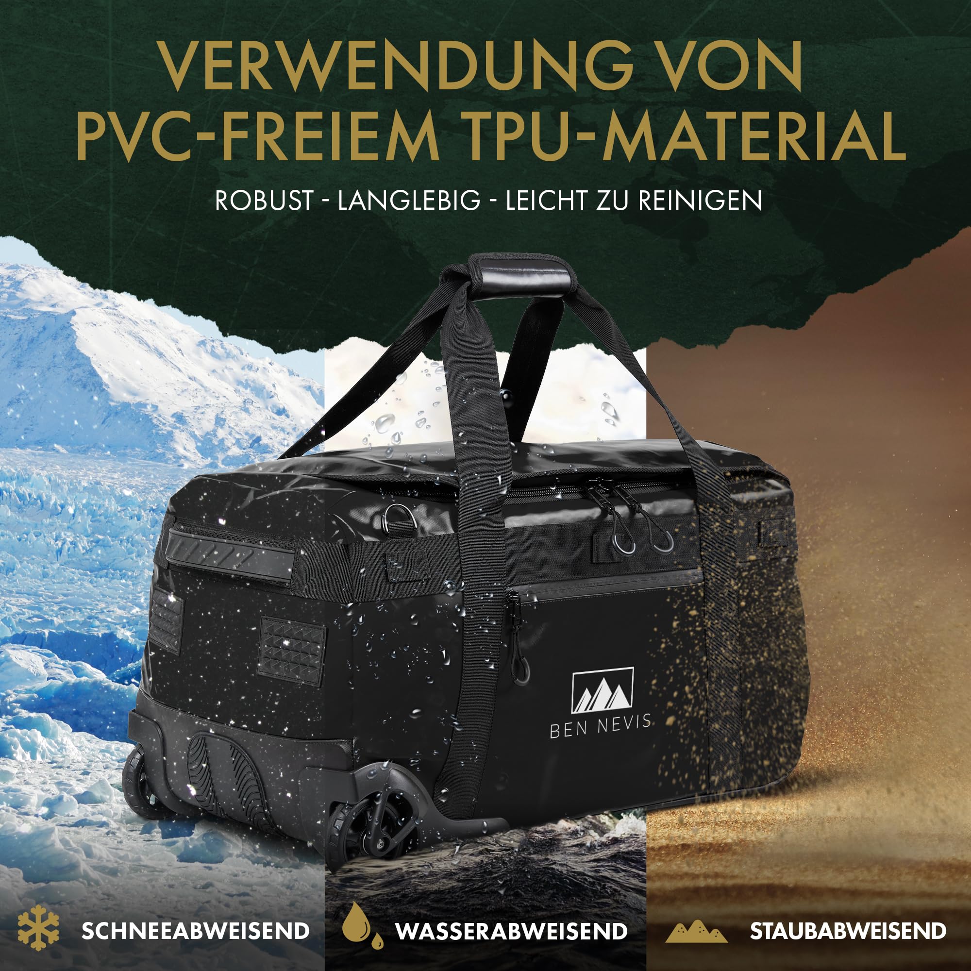 BEN NEVIS Reisetasche mit Rollen – 3in1 Tasche Trolley & Rucksack [60L Groß] Travel Bag Reisekoffer Duffle Bag Sporttasche Rollen Reisetaschen Koffer | Luggage | Reisetasche Damen & Herren