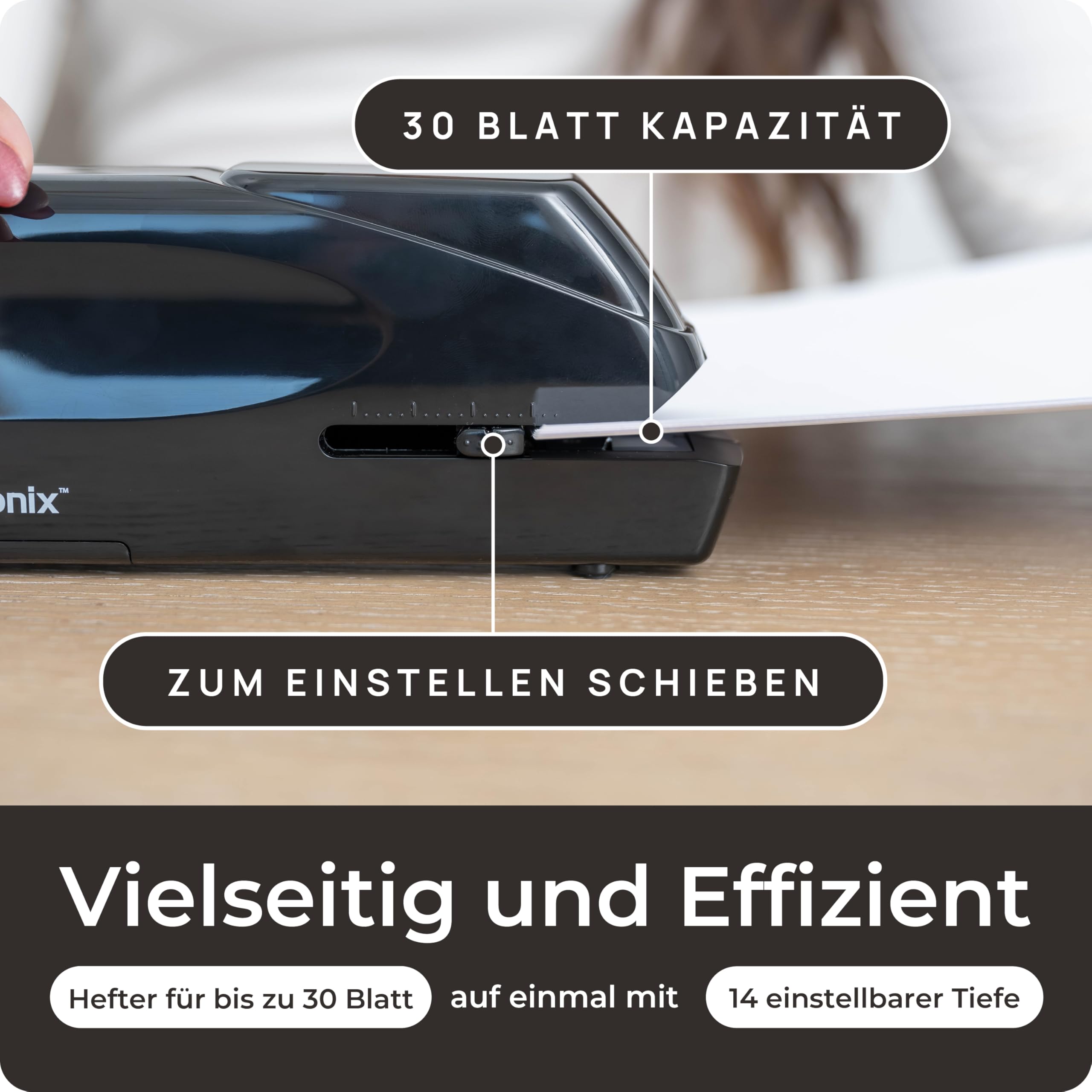 EcoElectronix Tragbarer automatischer elektrischer Heftgerät Pro – Kapazität von 30 Blatt, leiser Betrieb, staufrei und einfaches Nachladen – AC-Adapter/batteriebetrieben, Schwarz