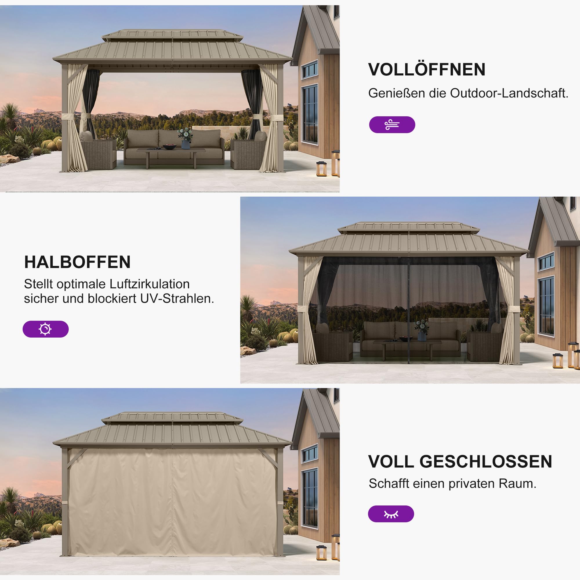 PURPLE LEAF Gartenpavillon 2.4 x 4.25 m mit Stahldach Doppeldach, Pavillon mit Flammhemmende Seitenwänden für Afternoon Tea im Freien im Garten, Champagner