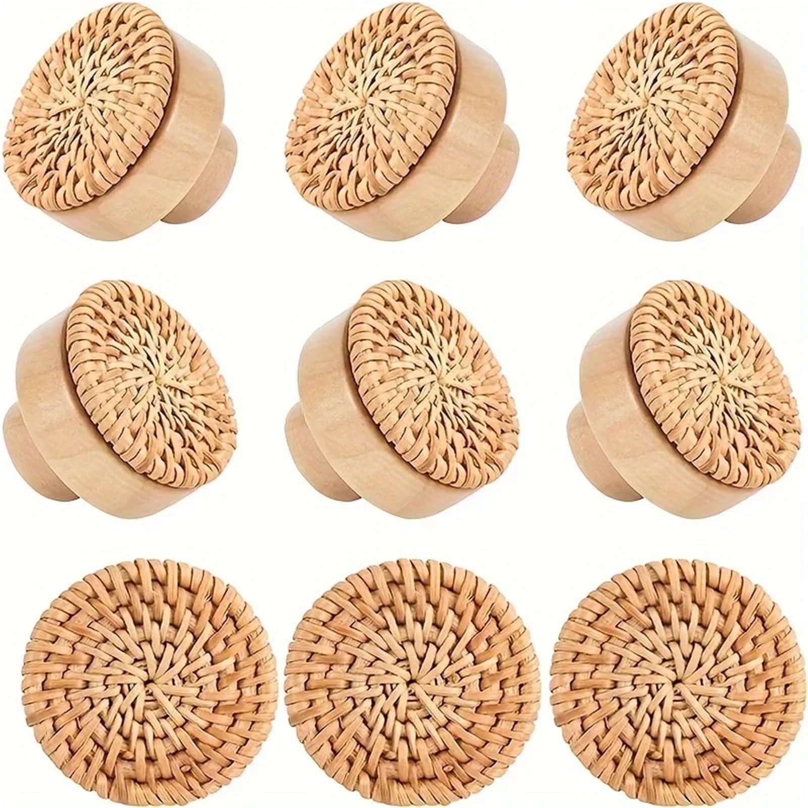 UBOHUZ 6 Pack Rattan Dresser Knobs Beech Wood Drawer Handmade Wicker Woven Pulls with Screws for Cupboard, Wardrobe