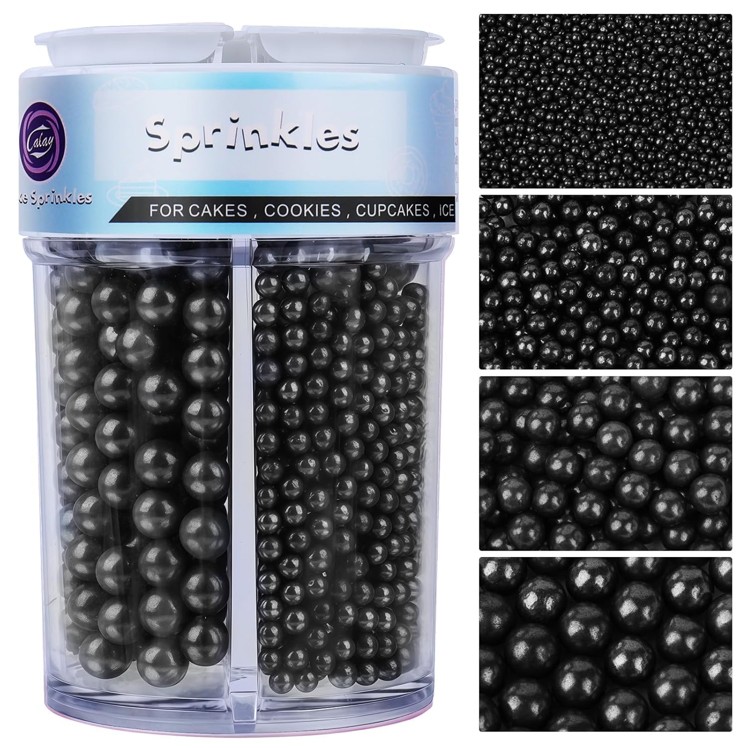 Essbare Schwarz Zuckerstreusel & Zuckerperlen (130g) - In 4 Vorsortierten Größen (2,4,7,10mm) für Eis, Torten, Cupcakes & Kekse - Perfekte Perlen Streusel Deko für Hochzeit & Geburtstag