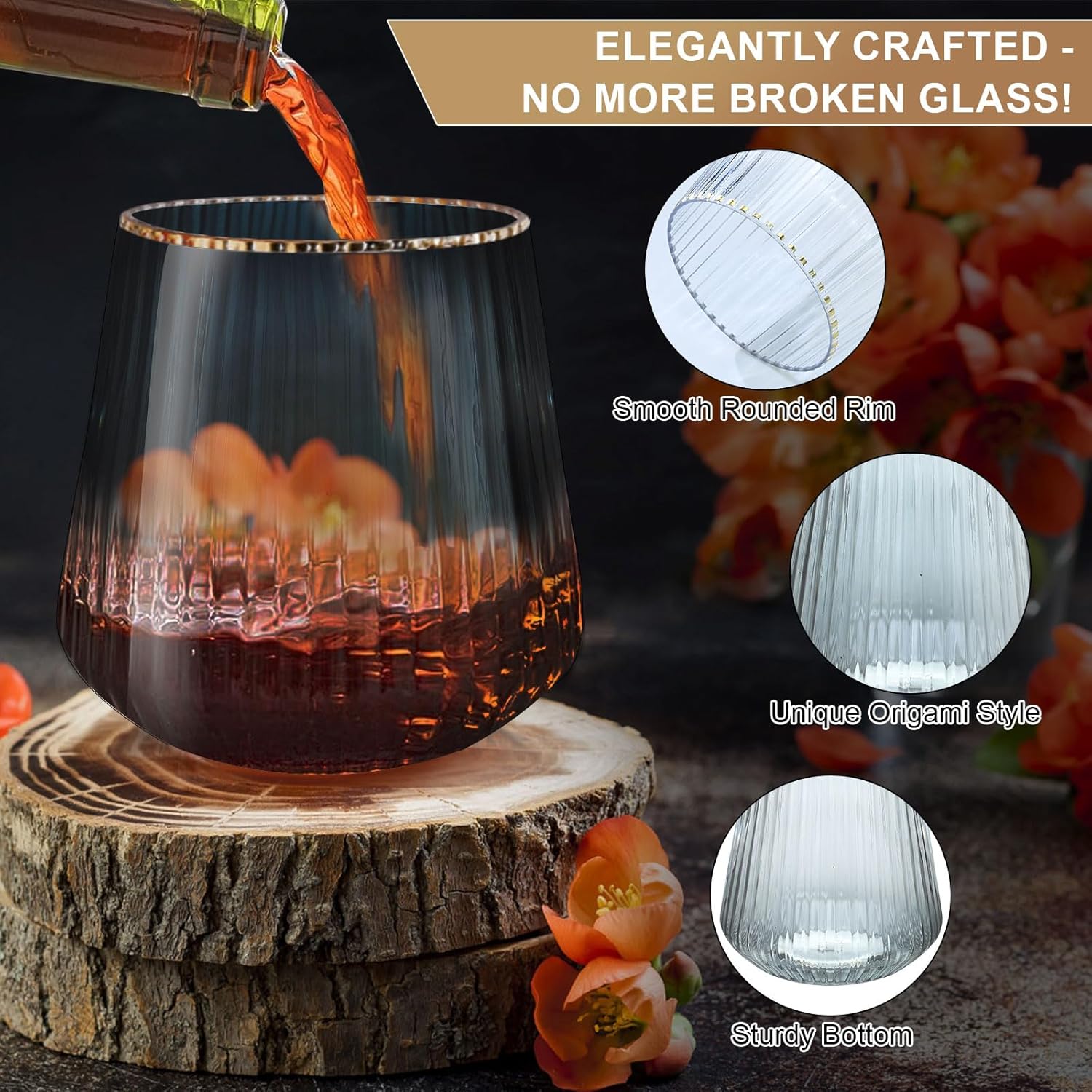 OTOB 40 Pack Stemless Plastic Wine Glasses 14 OZ Origami Ripple Unbreakable Wine Cups, Reusable Disposable Whiskey Champagne Glass, Shatterproof Cocktail Cups for Home Party Wedding Bar, Gold Rim - Image 3