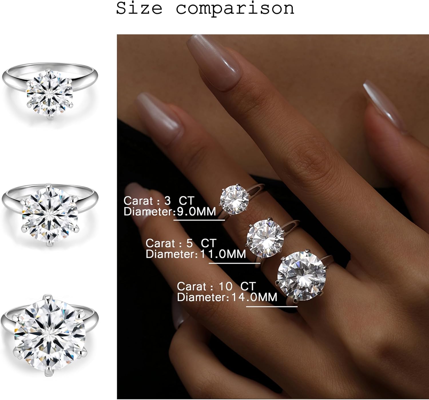 3-10ct Moissanite Engagement Rings for Women,6 Prong Round Cut D Color VVS1 18K White Gold Plated 925 Sterling Silver, Cut Lab Created Diamond Wedding Promise Jewelry - Image 3