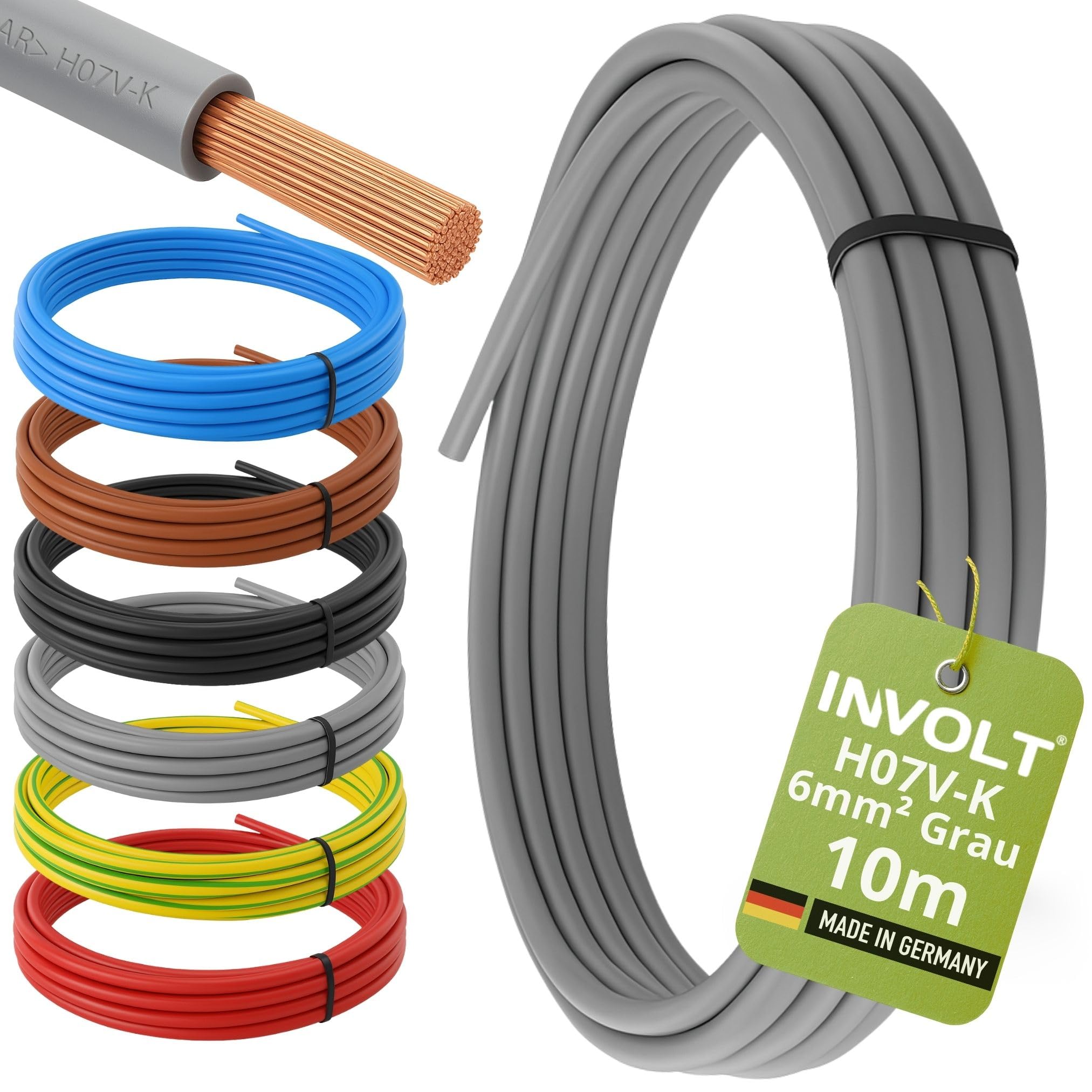 INVOLT H07V-K 10m 6mm² grau Aderleitung flexibel Verdrahtungsleitung PVC Meterware, Made in Germany
