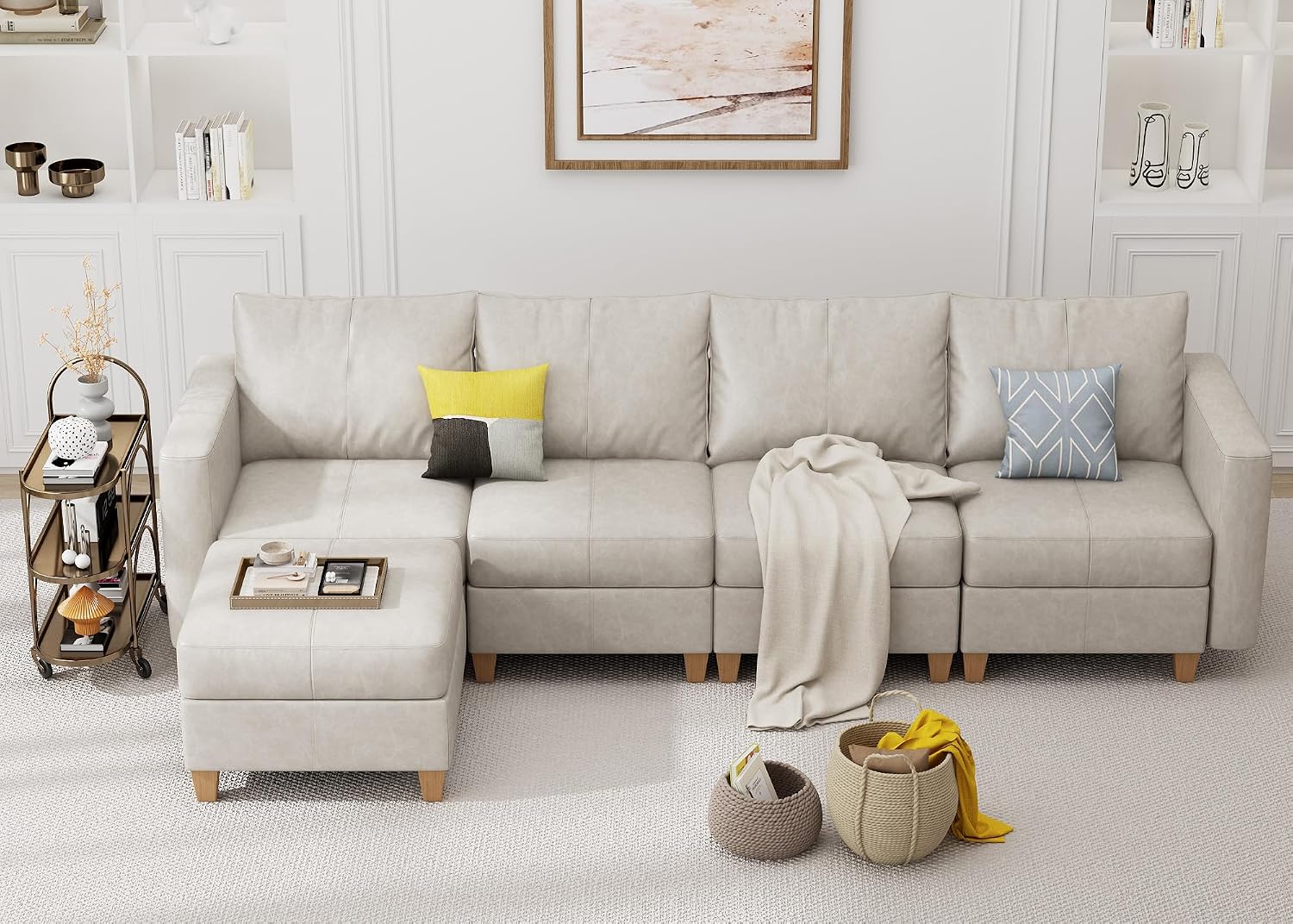 EASE MOOSE Modualr Sectional Couch L Shaped Sofa with Storage Ottomans, Faux Leather Sofa for Apartment, Whitesand