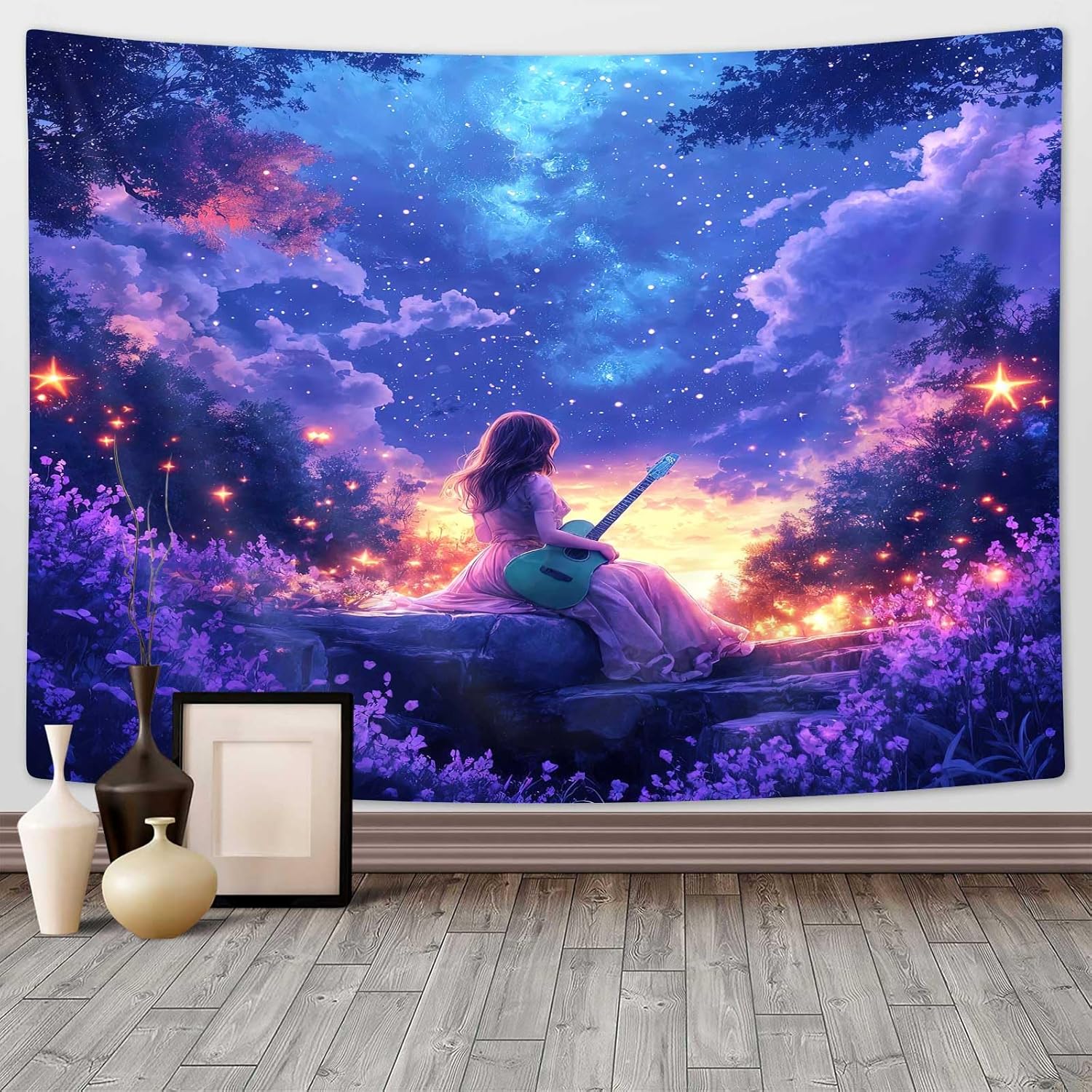 DYNH Anime Girl Tapestry, Violinist Under The Starry Sky Garden Scene Wall Hanging,Singer Fans Musical Performance Tapestries for Bedroom Living Room Dorm TV Backdrop,90x70In