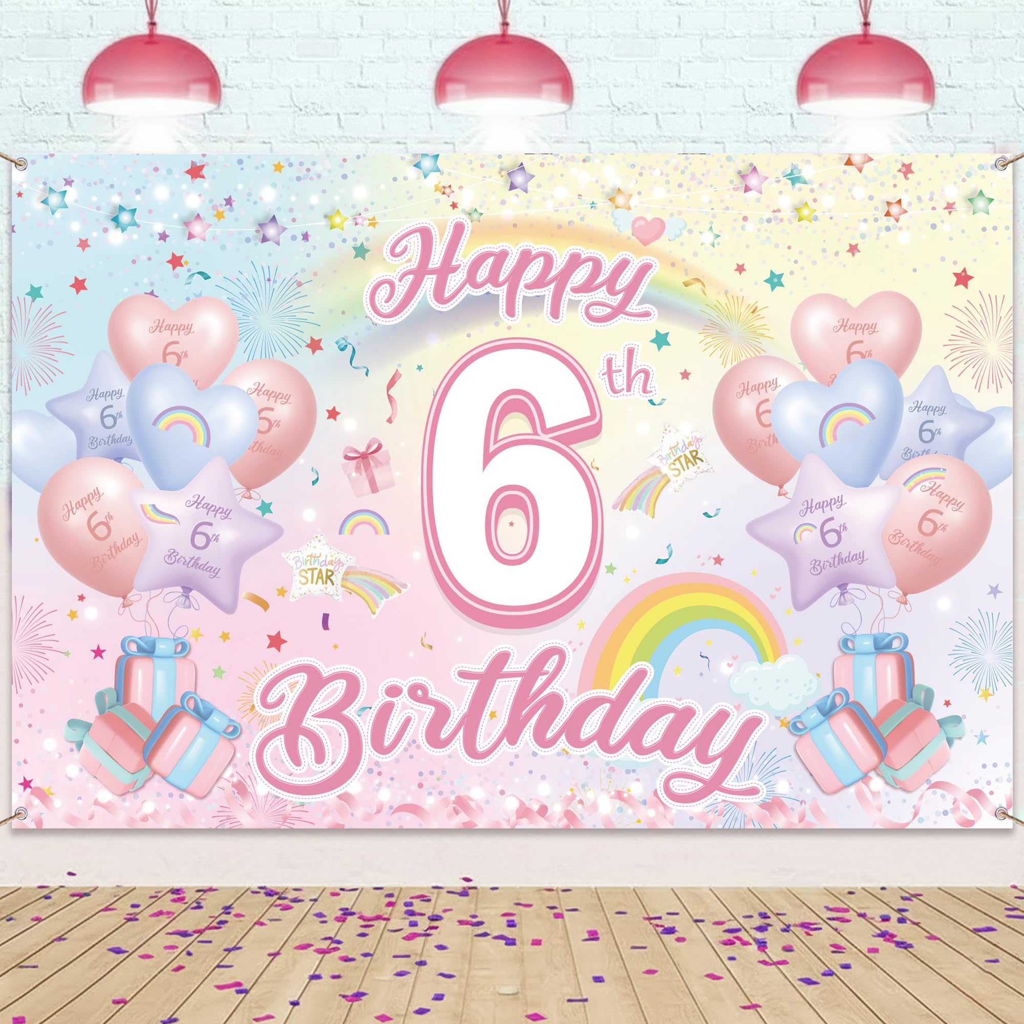 Happy 6th Birthday Banner, Rainbow Backdrop Decorations for Girls Boys