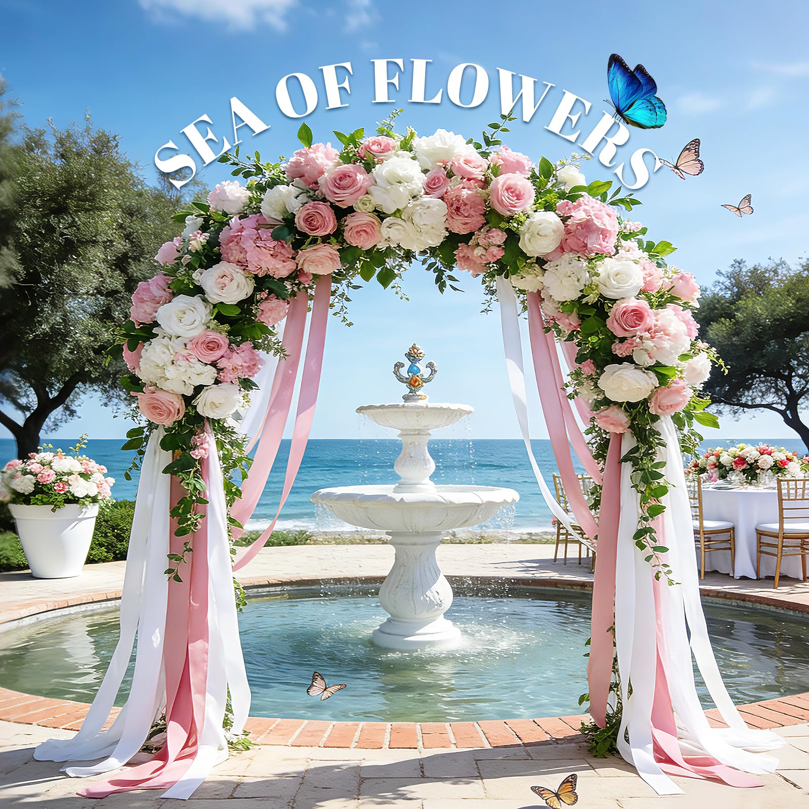Arco per Matrimonio in Metallo Dorato 2,4 x 2,8 m con 2 Sacchi d'Acqua Zavorrati, Arco Palloncini Rotondo Decorativo per Nozze, Compleanni, Baby Shower e Set Fotografico