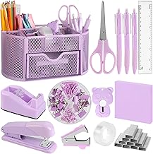 Fournitures de bureau PrintPulse Purple pour bureau،ensembles et accessoires de bureau de 14 pi&egrave;ces،kit de fournitures de bureau avec organisateur et agrafeuse de bureau en maille،d&eacute;tachant d'agrafes،agrafes, distributeur de ruban adh&eacute;sif, languettes collantes, ciseaux, r&egrave;gle