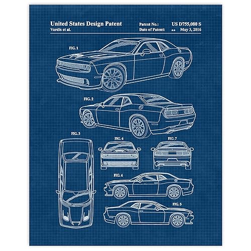 Vintage Dodge Challenger Hellcat Auto Patent Prints, 1 (11x14) Unframed Photos, Wall Art Decor Gifts Under 20 for Home Office Man Cave Engine Garage
