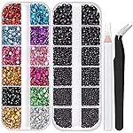 Two Packs of Flatback Rhinestones 4520 Pcs Colorful Nail Art Rhinestones Flatback Crystal Colorful+Black Rhinestone with Picker Pencil and Tweezer for Nail Art and Decoration