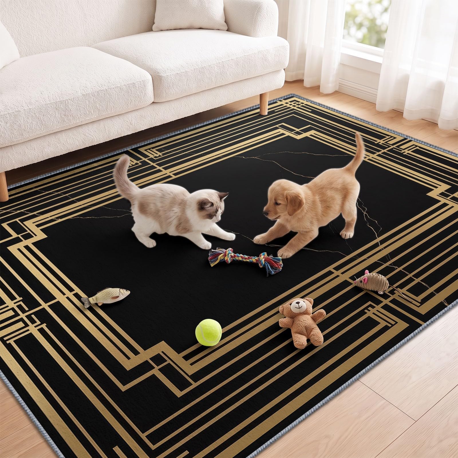 Luxe Moderne Grand Tapis Salon Antidérapant Lavable en Machine 180x240cm, Poil Ras Doux Bordure Marbre Noir Tapis pour Salle a Manger Bureau Cuisine Decoration Chambrel