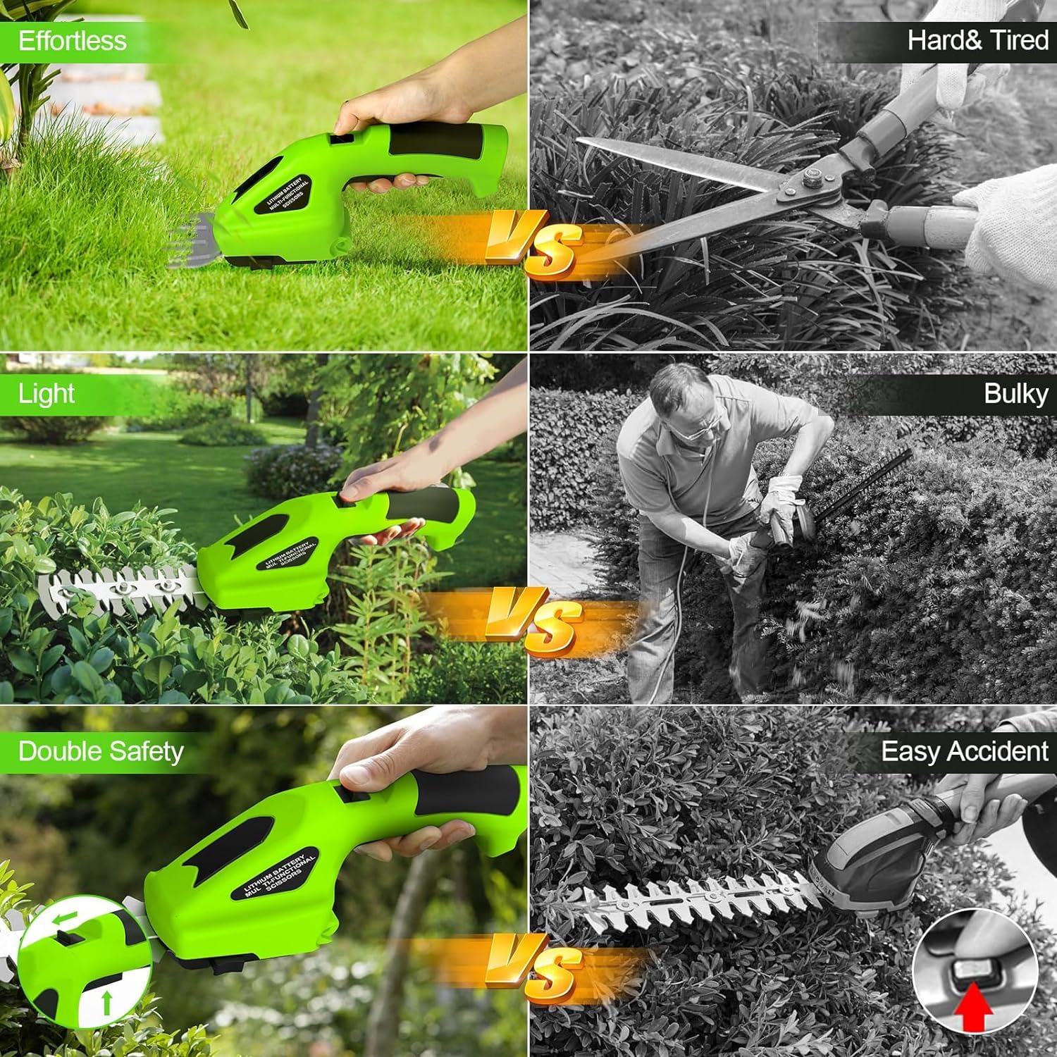 Cisailles à arbustes électriques 7,2 V, 2 en 1 Cisailles à Gazon, Coupe-haie sans Fil, avec Batterie Lithium-ION Rechargeable 2000 mAh, pour arbustes, Jardin, Herbe, pelouse et Taille