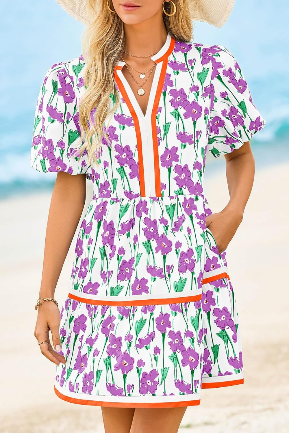 Cicy Bell Womens V Neck Floral Mini Dress Short Puff Sleeve Patchwork Summer Casual Boho Dresses - Image 3