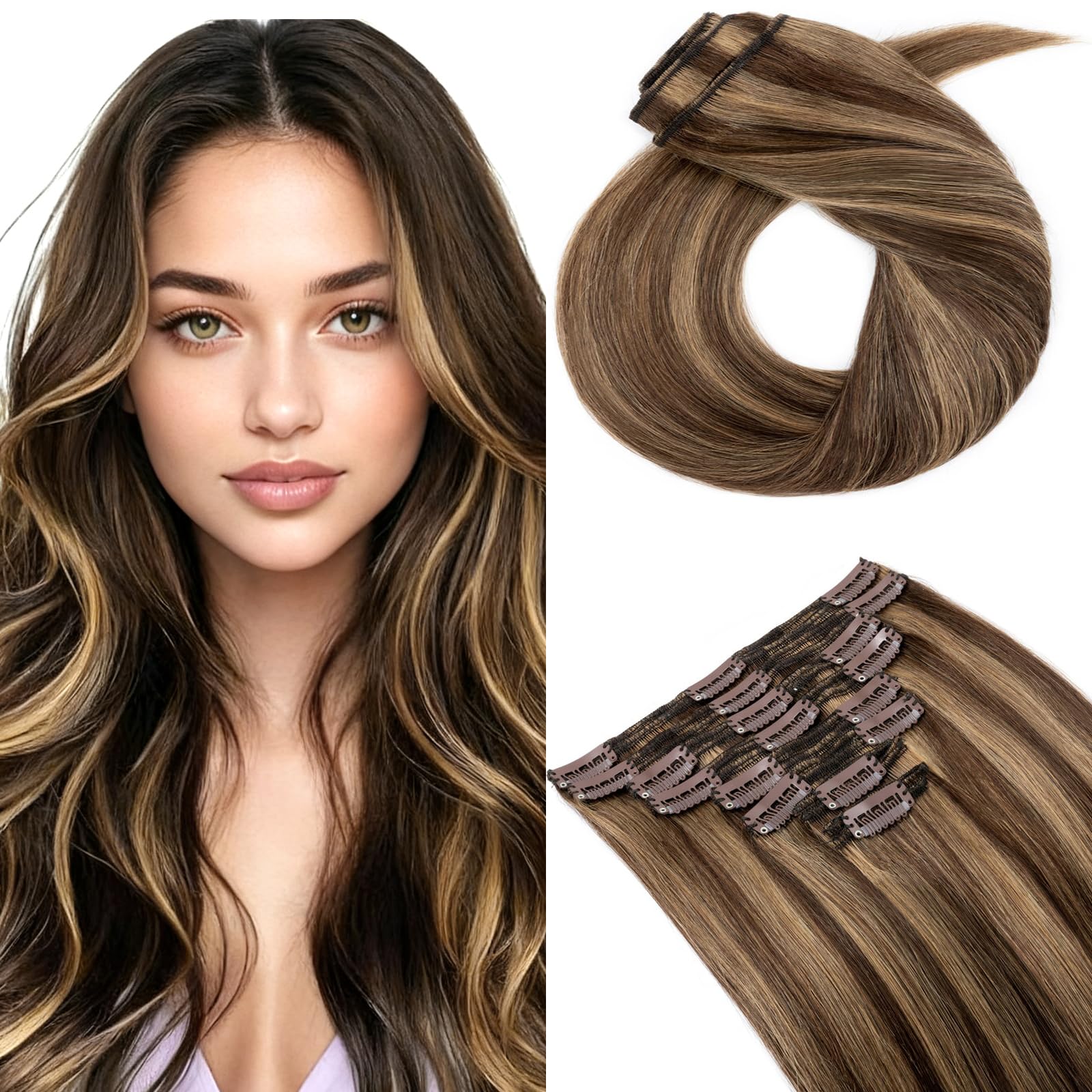 MY-LADY Extensiones Pelo Natural Clip 8 Piezas 35cm Extensiones de Cabello Clip Natural con Doble Costura para Volumen Completo Mujeres(#4P27 Brun Moyen/Blond Foncé, 120g)