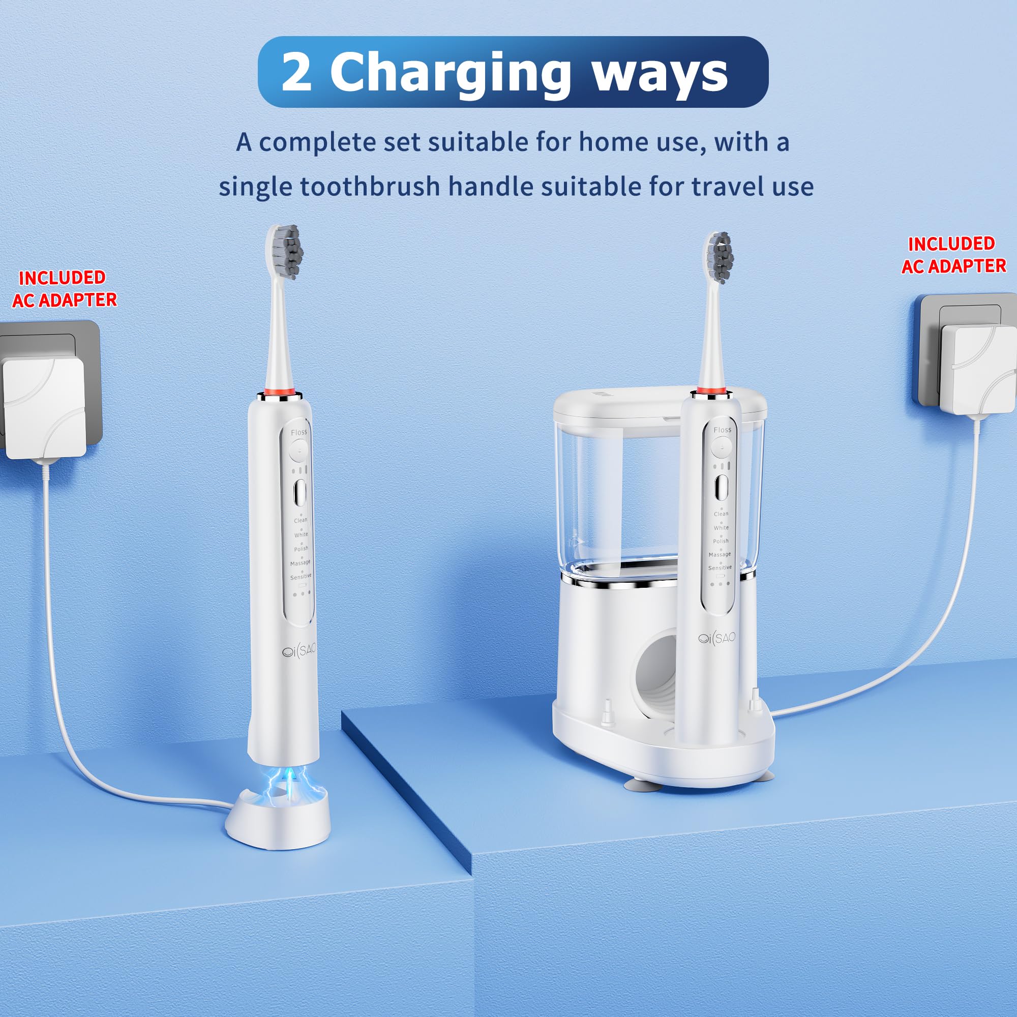 Spazzolino elettrico con idropulsore combinato, spazzolino sonico 3 in 1 e filo interdentale per la pulizia dei denti, cura delle gengive, bretelle, ponti, adulti, 3 testine e 1 punta a getto, bianco