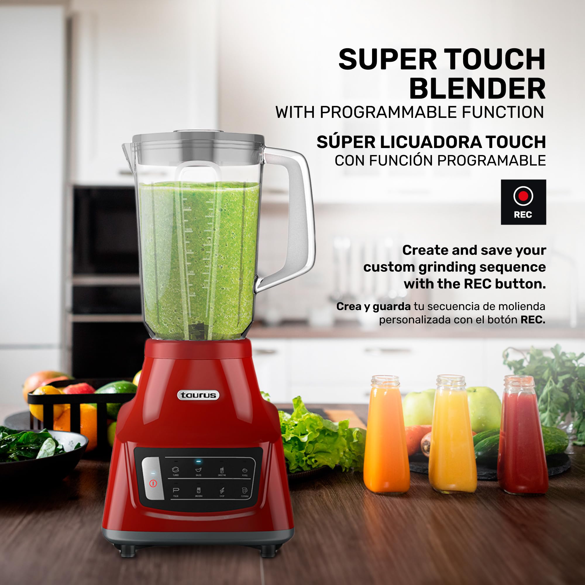 TAURUS GRANDEUR TOUCH REC | Super touch blender with programmable function | 800W | Glass jug 1.5 L | Turbo and pulse function | 5 pre-programmed functions | Stainless steel blades