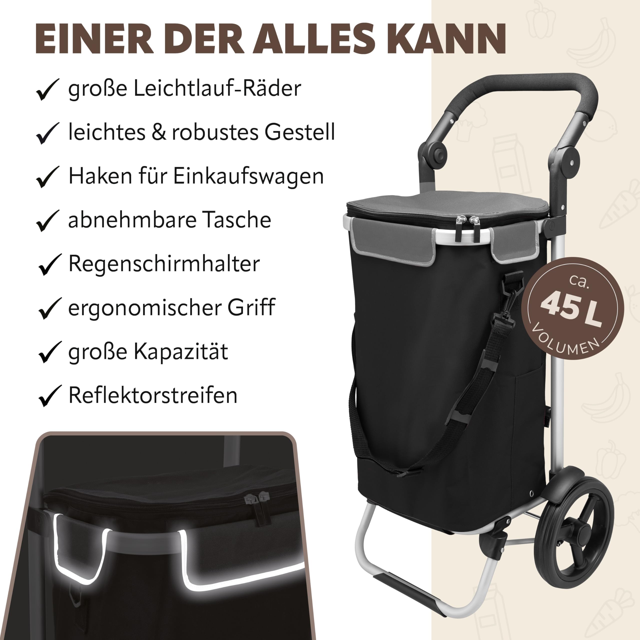 bremermann Einkaufstrolley JEEBEL, Handwagen, Einkaufswagen mit Abnehmbarer Tasche, Verstellbarer Griff (Schwarz)