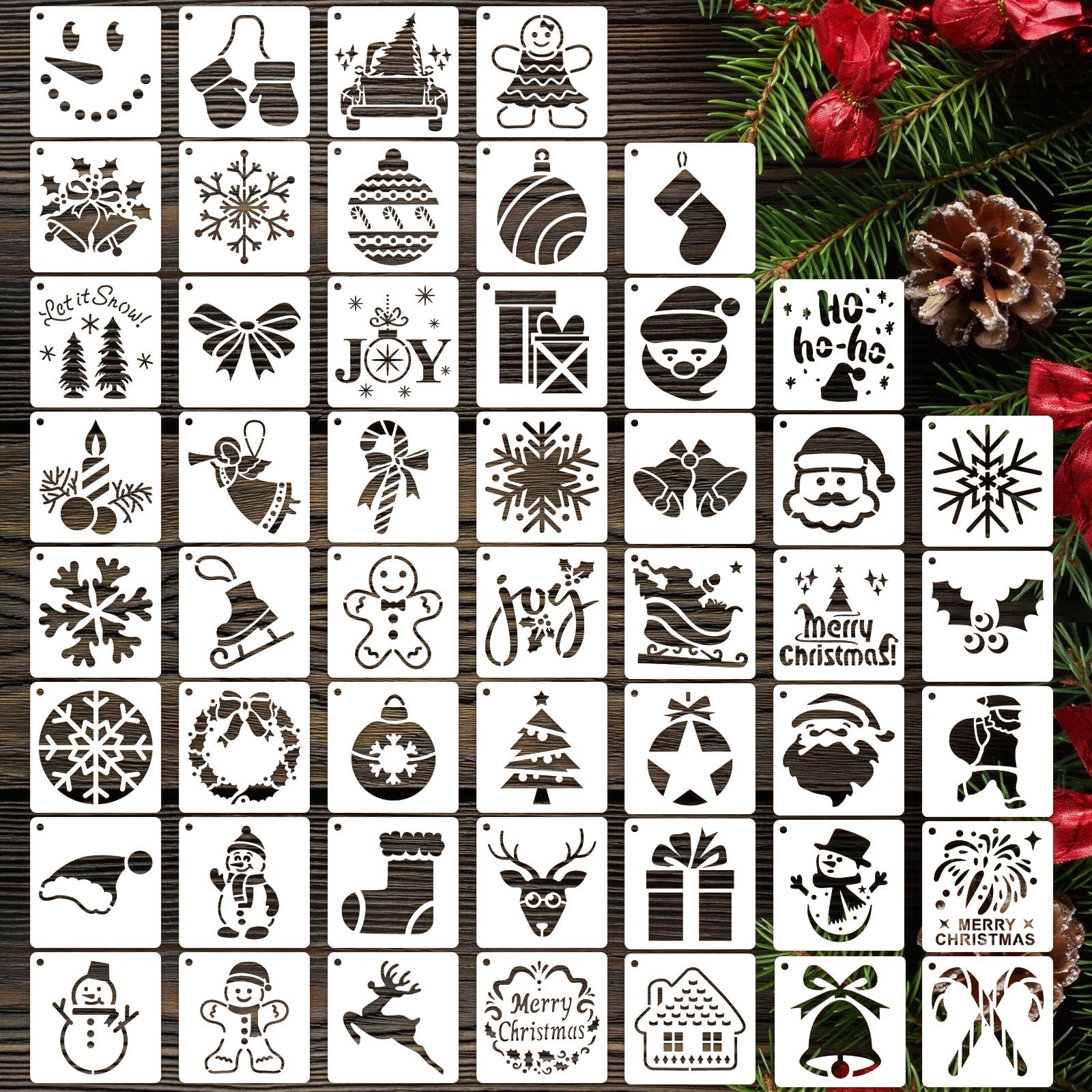 50 PCS Christmas Painting Stencils Reusable Christmas Stencils for Painting on Wood Rocks Canvas Fabric Glass Pottery 3x3 Inch