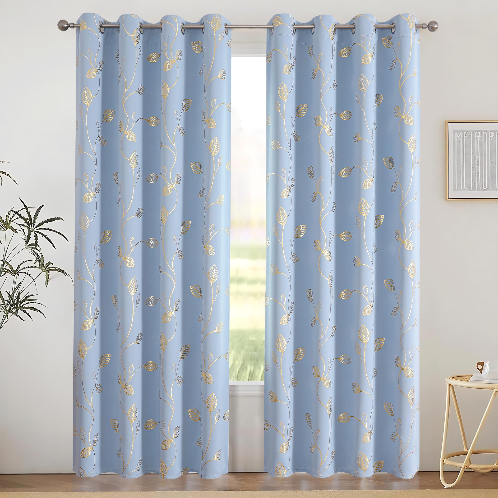BUHUA Heat Blocking Curtains, Black Out Curtains 63 Inch Long 2 Panels Burg, Soundproof Curtains with Gold Leaf Printed (52 x 63 Inch, Baby Blue, Set