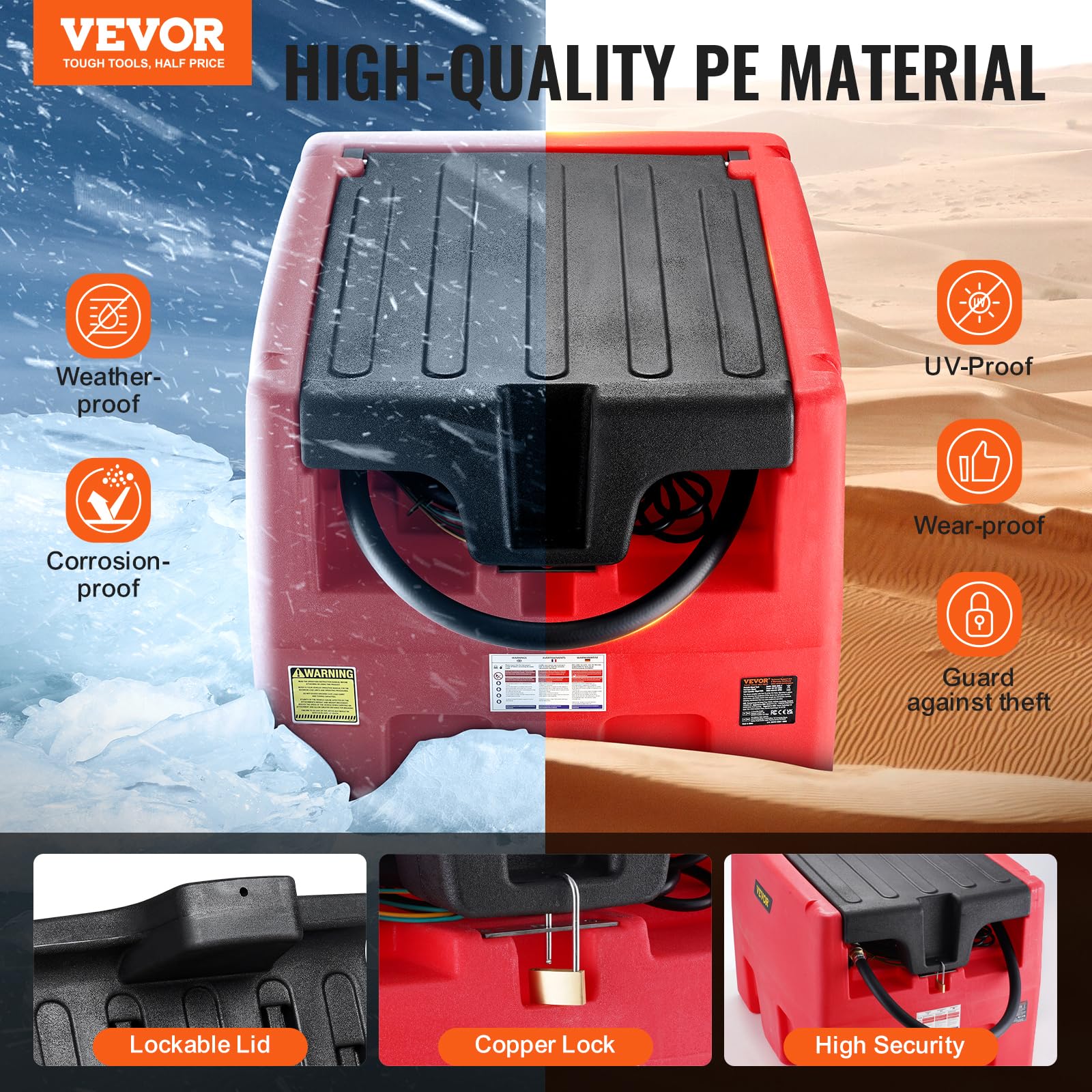 VEVOR Réservoir Diesel Essence Portable, 182 L, Cuve de Ravitaillement Carburant, Pompe de Transfert 12 V, 40 L/min, Tuyau 4 m, Buse Ravitaillement Auto, pour Véhicules Agriculture Industrie, Rouge