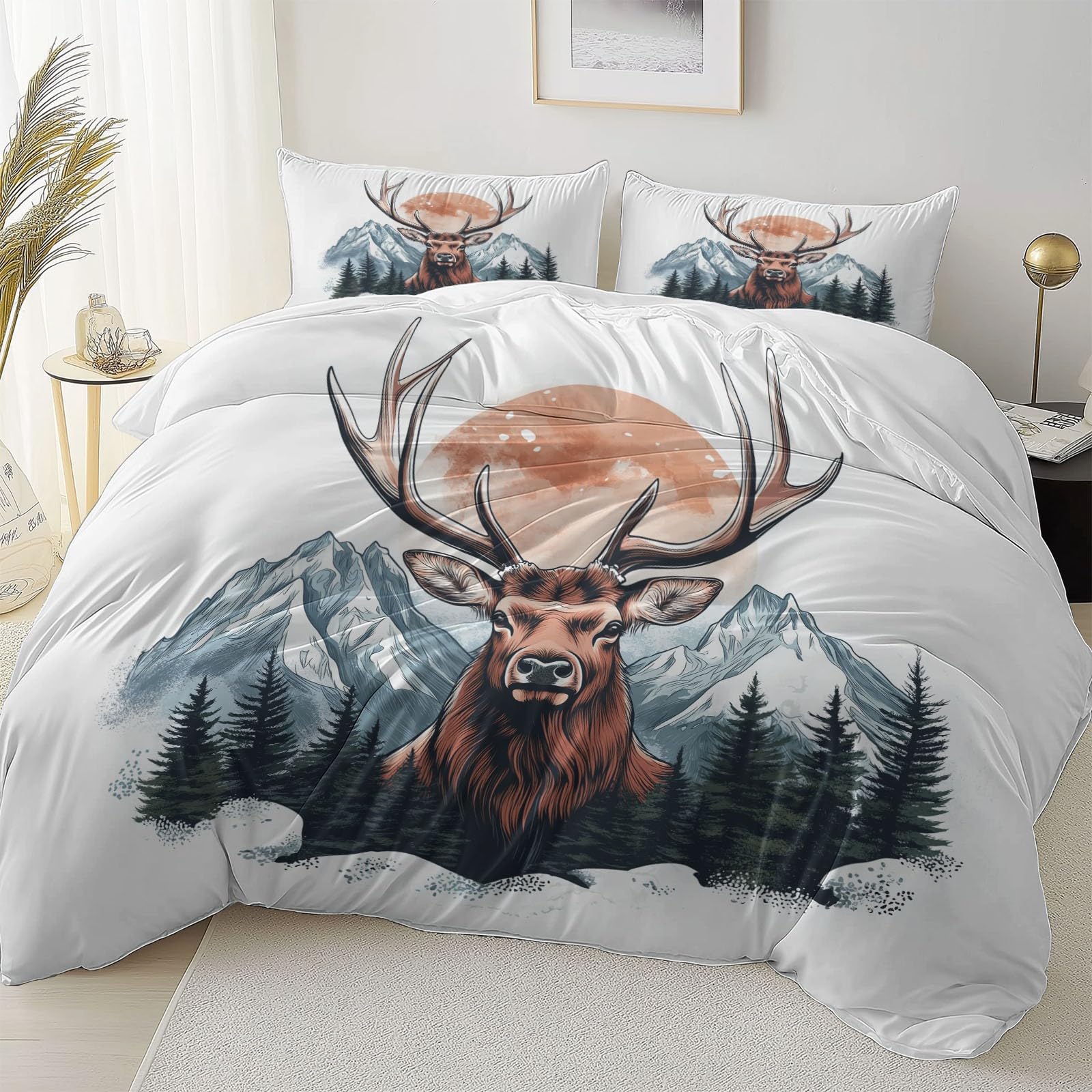 Zestaw pościeli Deer Mountains Nature miękki nadruk zestaw pościeli ze szczotkowanej mikrofibry poszewka na kołdrę z poszewkami na poduszki 260 x 220 cm, prezenty dla mamy, dekoracja sypialni